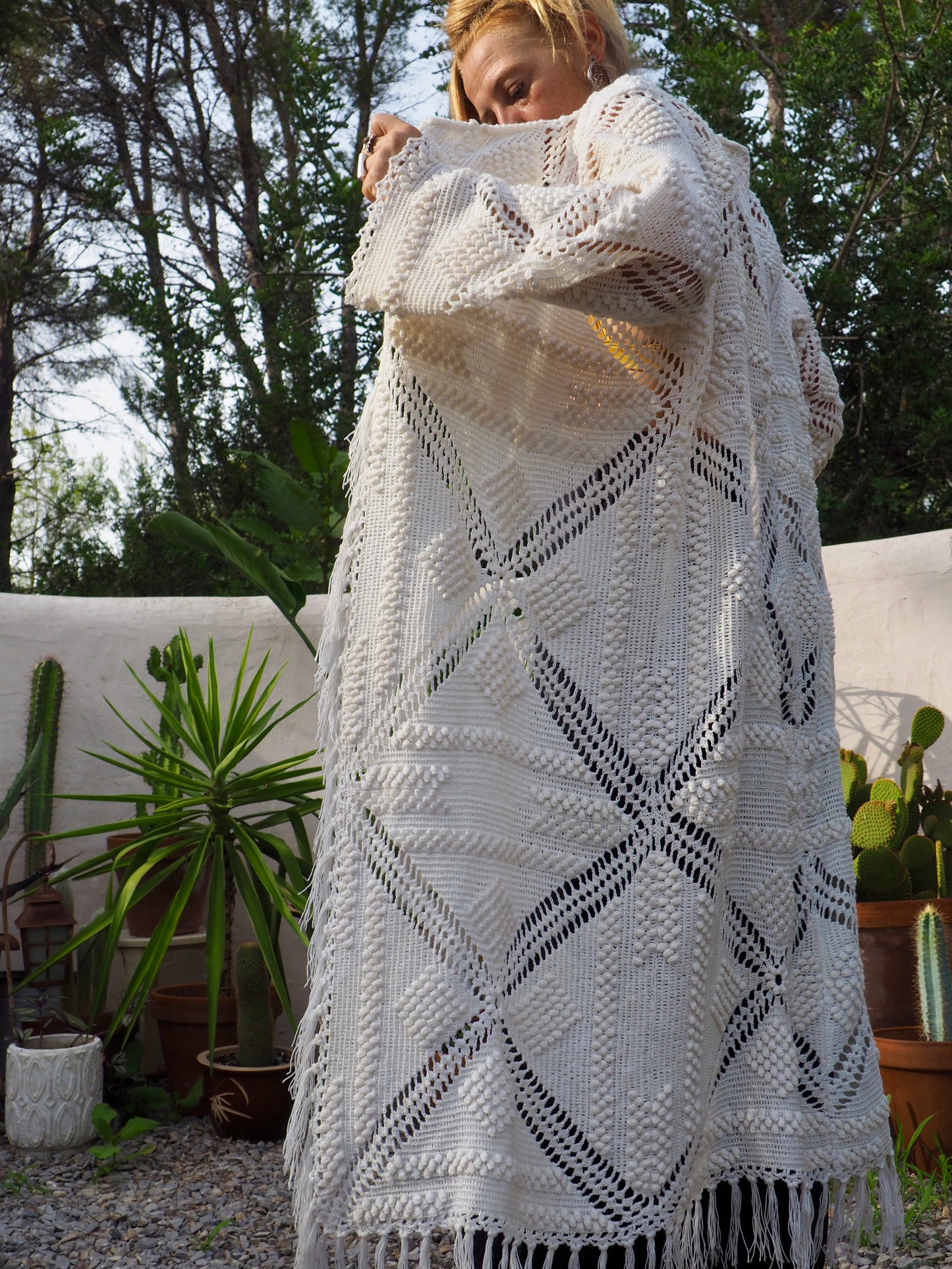 White vintage crochet long jacket up-cycled by Vagabond Ibiza with cute tassel trim.