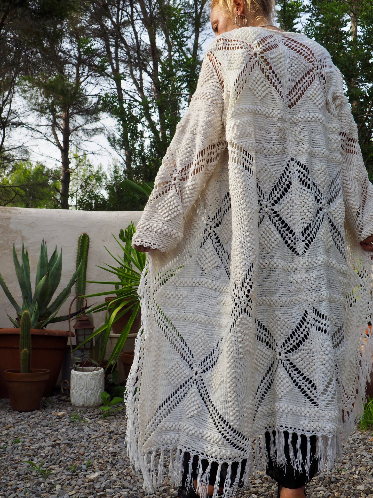 White vintage crochet long jacket up-cycled by Vagabond Ibiza with cute tassel trim.