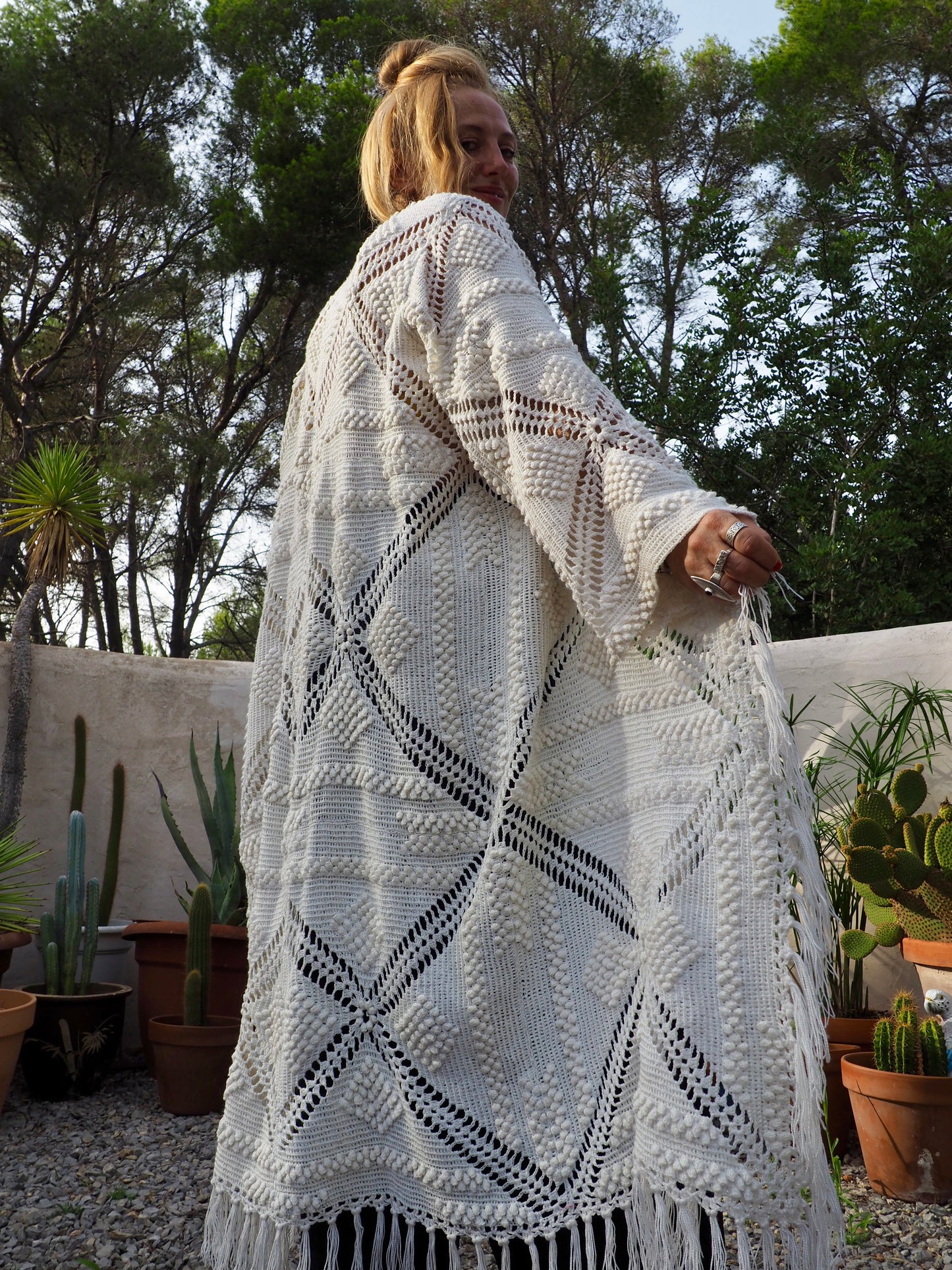 White vintage crochet long jacket up-cycled by Vagabond Ibiza with cute tassel trim.