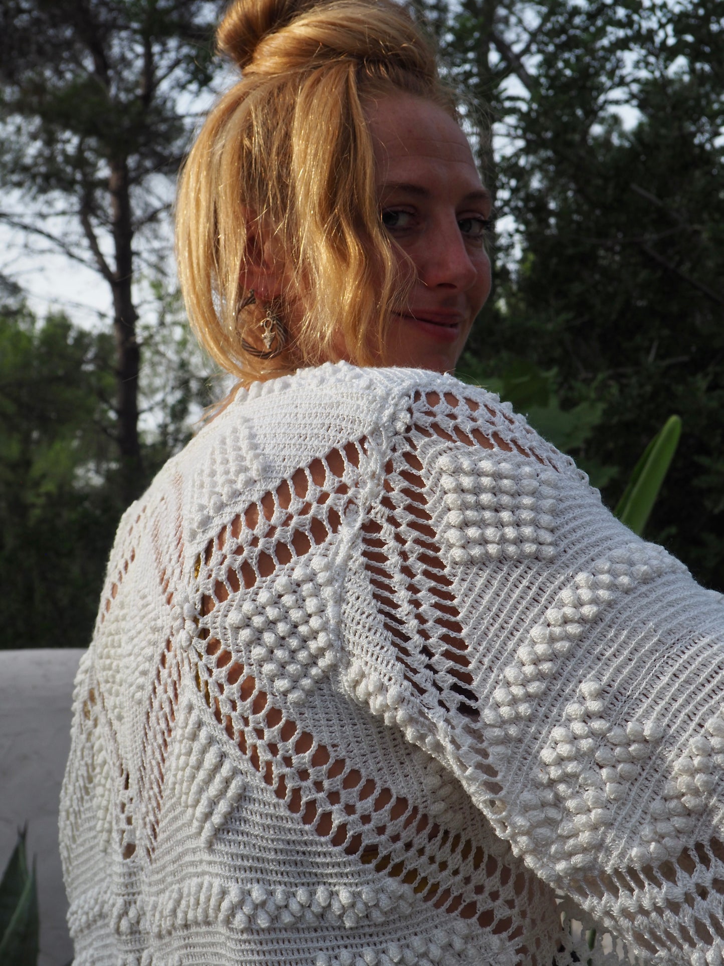 White vintage crochet long jacket up-cycled by Vagabond Ibiza with cute tassel trim.