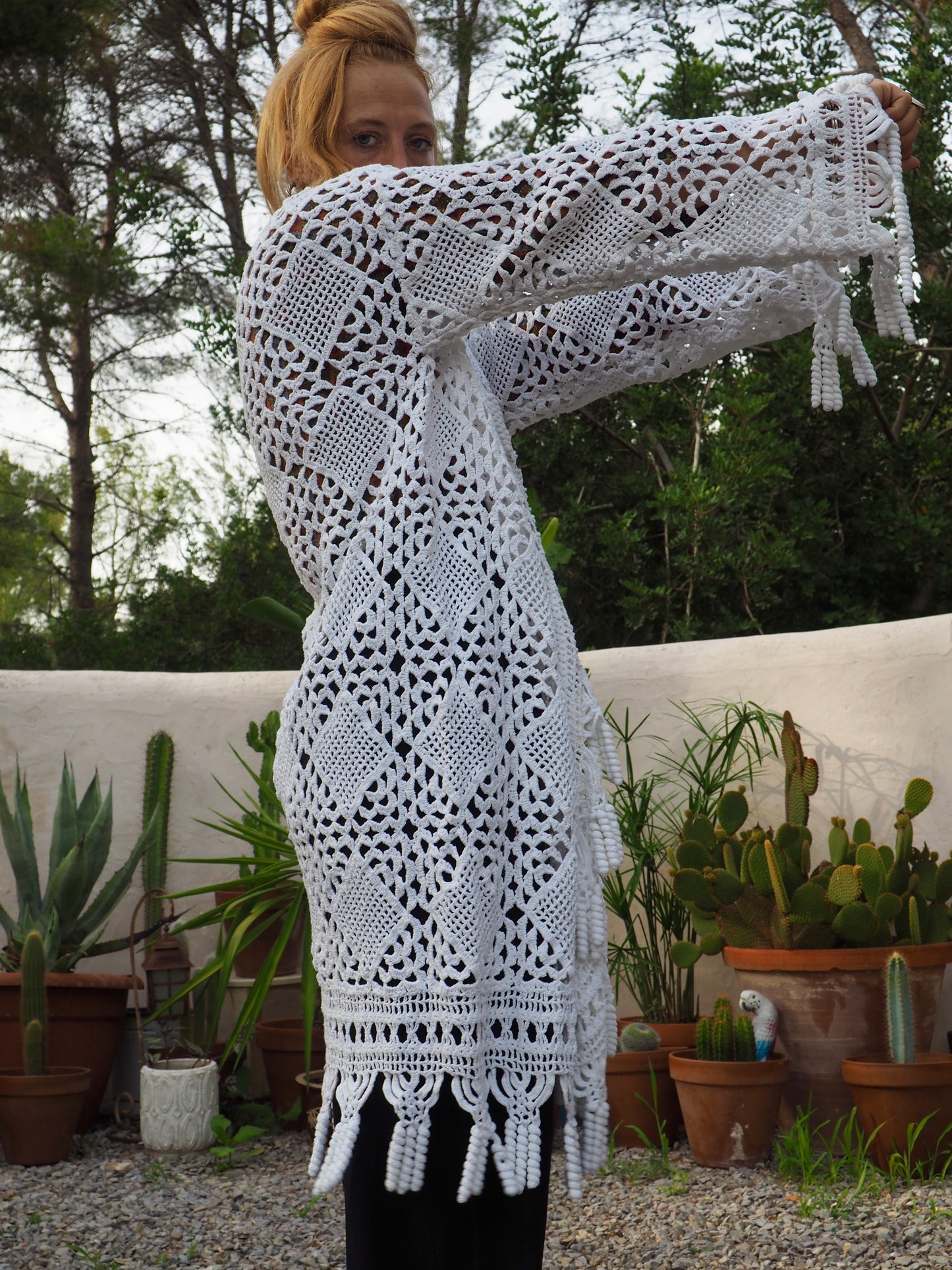 White vintage crochet long jacket up-cycled by Vagabond Ibiza with cute tássel trim