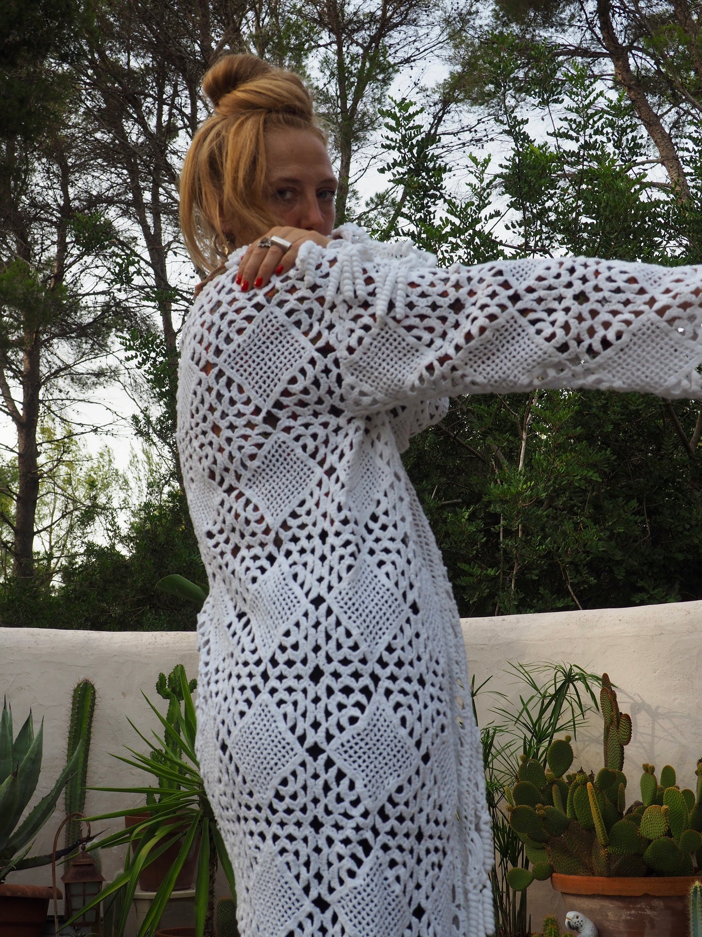 White vintage crochet long jacket up-cycled by Vagabond Ibiza with cute tássel trim