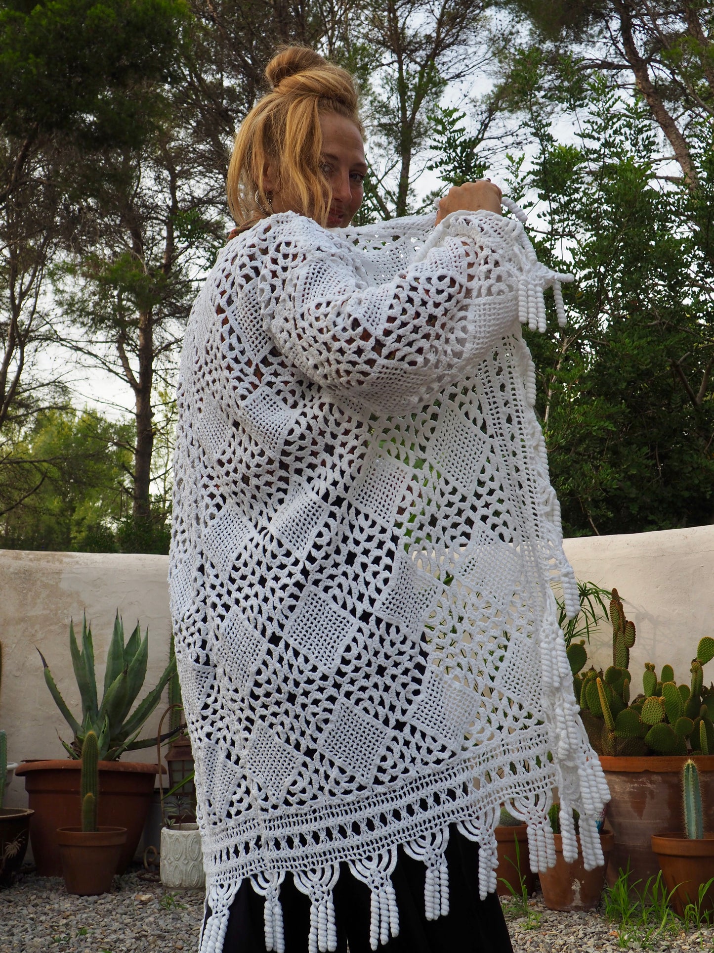 White vintage crochet long jacket up-cycled by Vagabond Ibiza with cute tássel trim