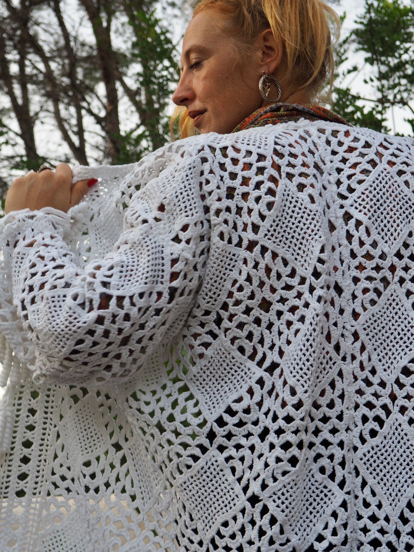 White vintage crochet long jacket up-cycled by Vagabond Ibiza with cute tássel trim