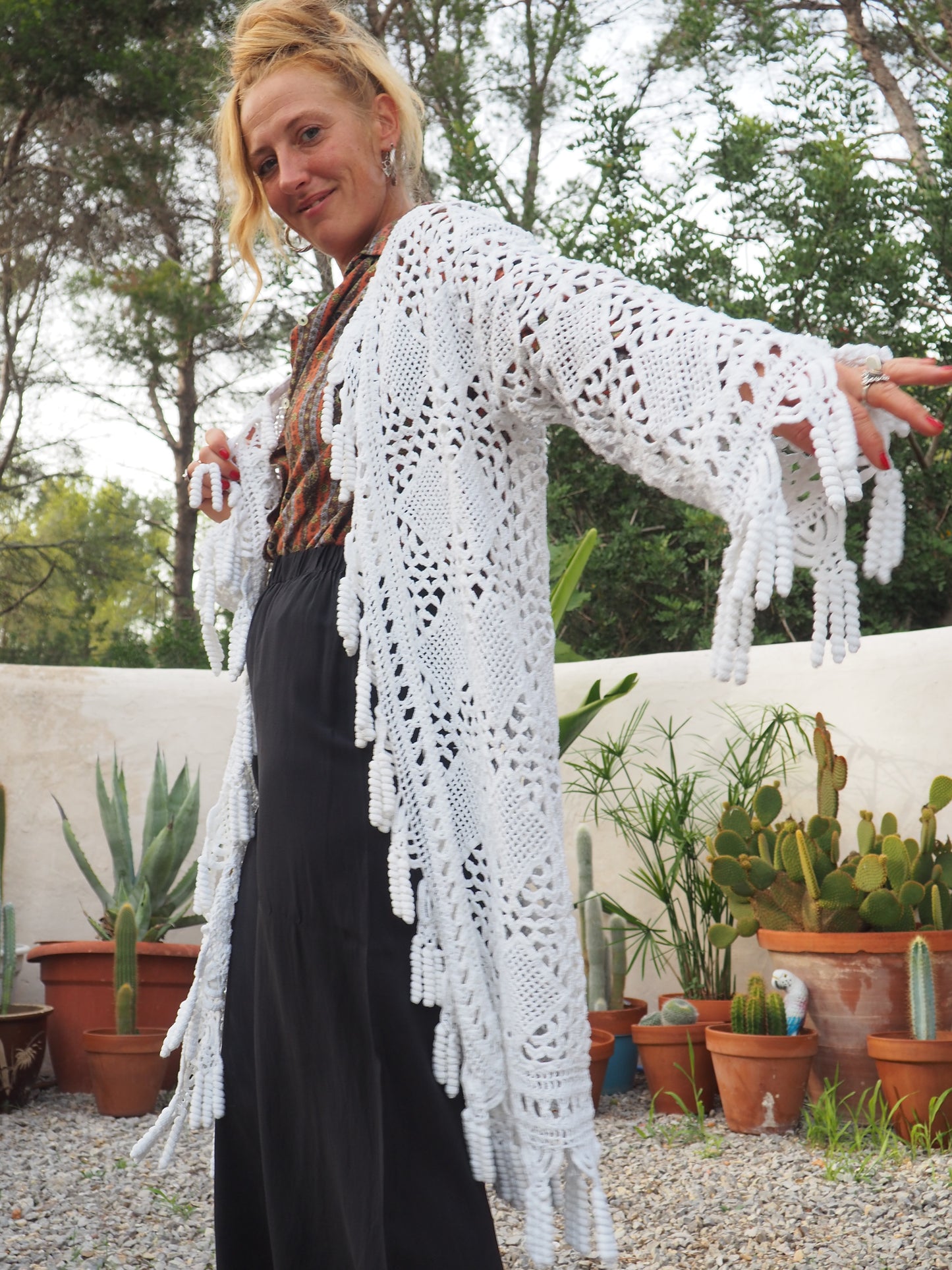 White vintage crochet long jacket up-cycled by Vagabond Ibiza with cute tássel trim