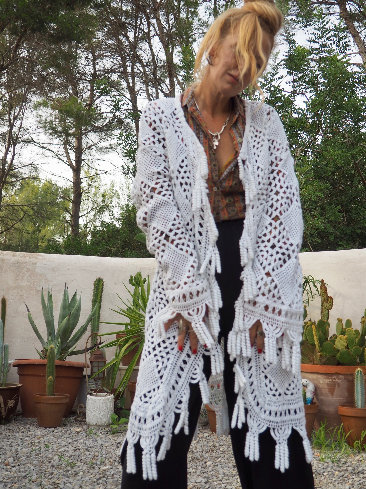 White vintage crochet long jacket up-cycled by Vagabond Ibiza with cute tássel trim
