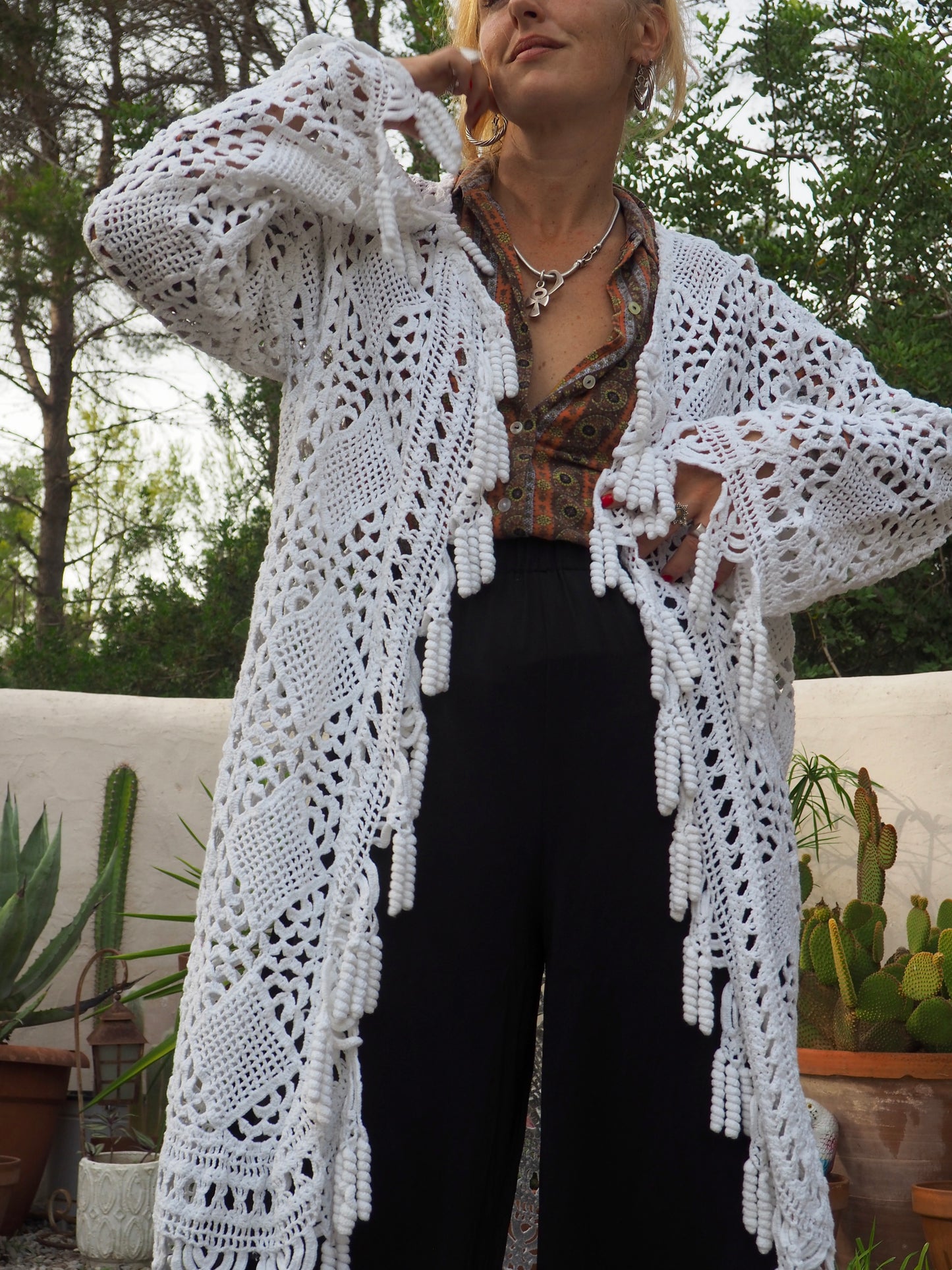 White vintage crochet long jacket up-cycled by Vagabond Ibiza with cute tássel trim