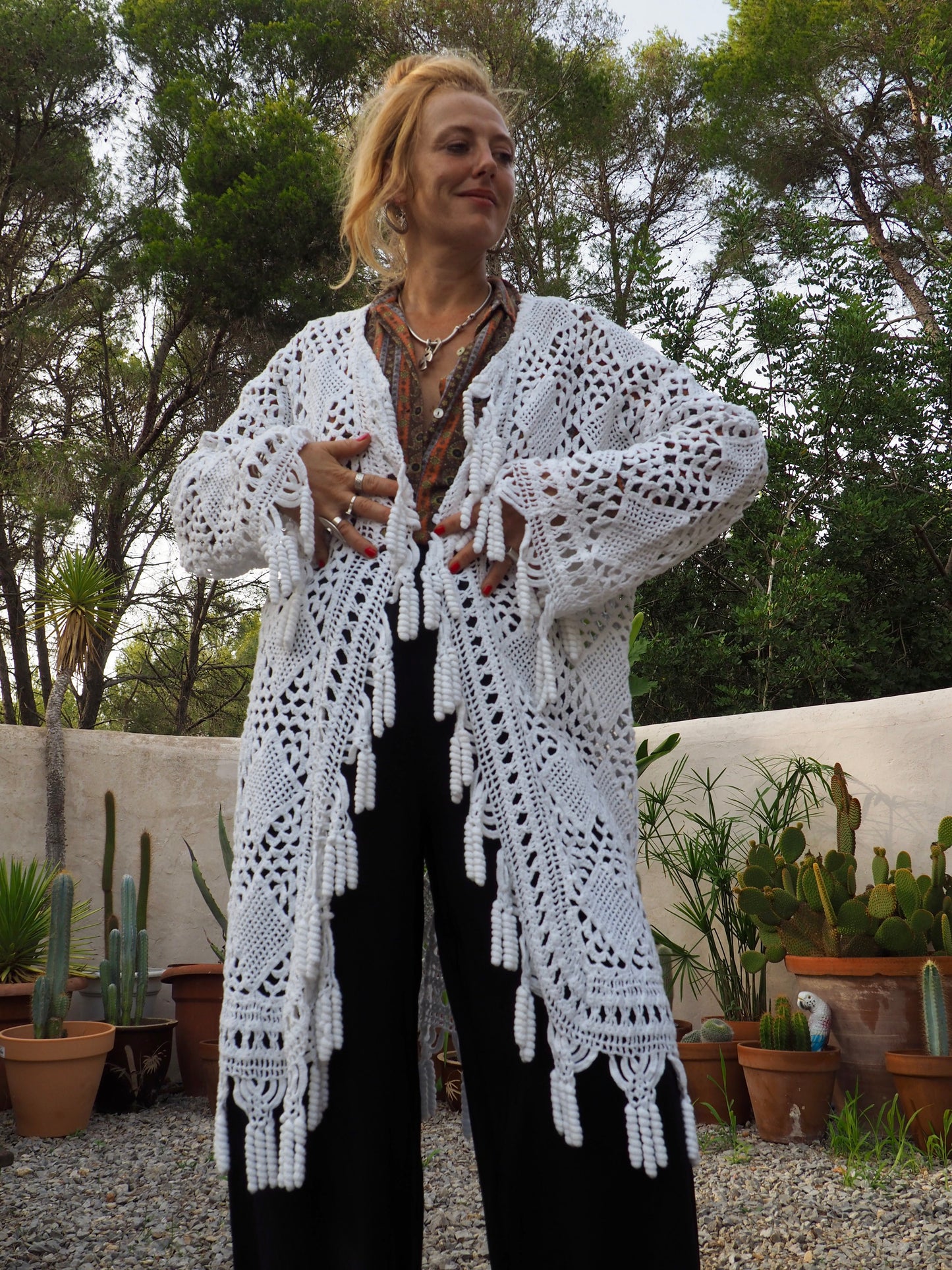 White vintage crochet long jacket up-cycled by Vagabond Ibiza with cute tássel trim