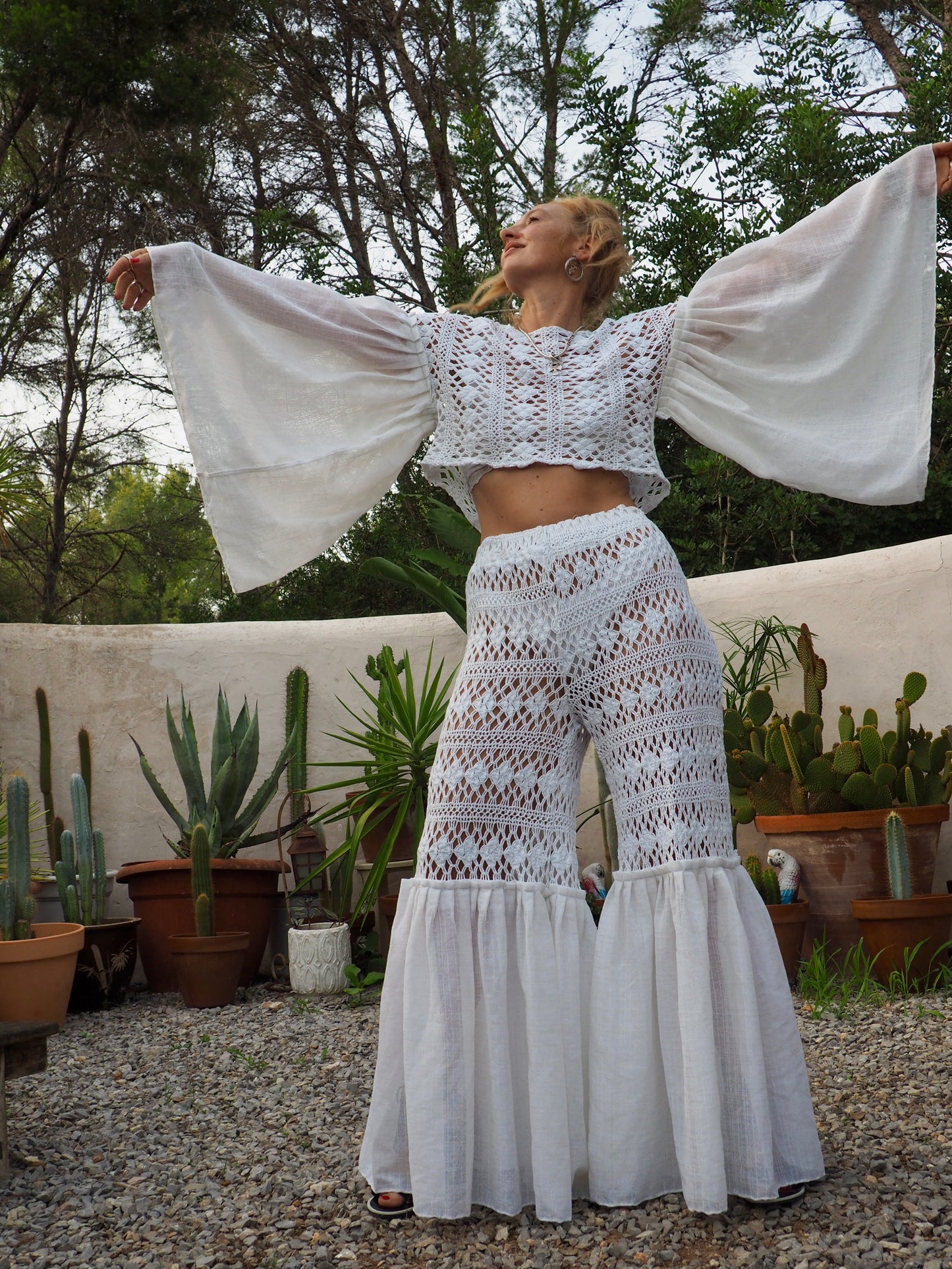 Vintage white handmade crochet wide leg flared bell bottom pants with elastic waist