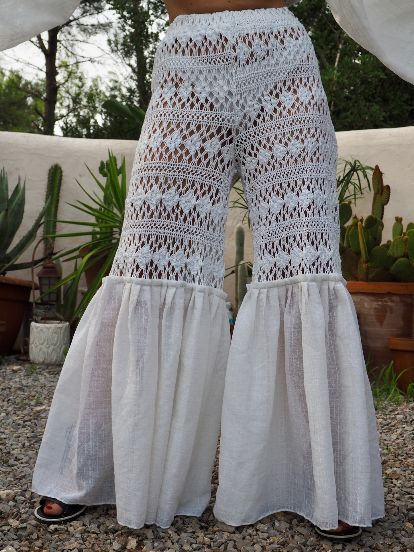 Vintage white handmade crochet wide leg flared bell bottom pants with elastic waist