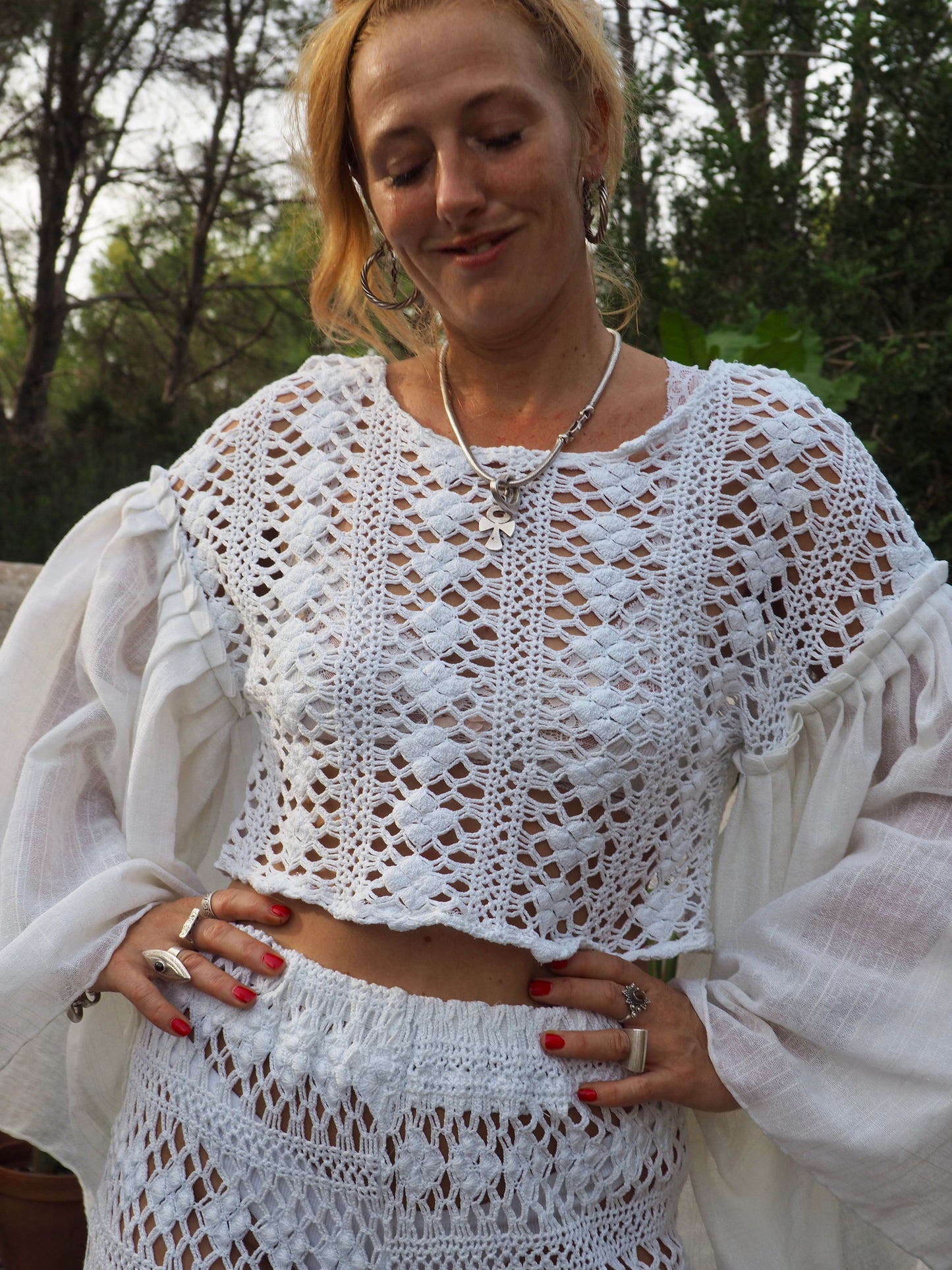 White crochet up-cycled 2 piece set wide leg pants with elastic waist and top up-cycled by Vagabond Ibiza from