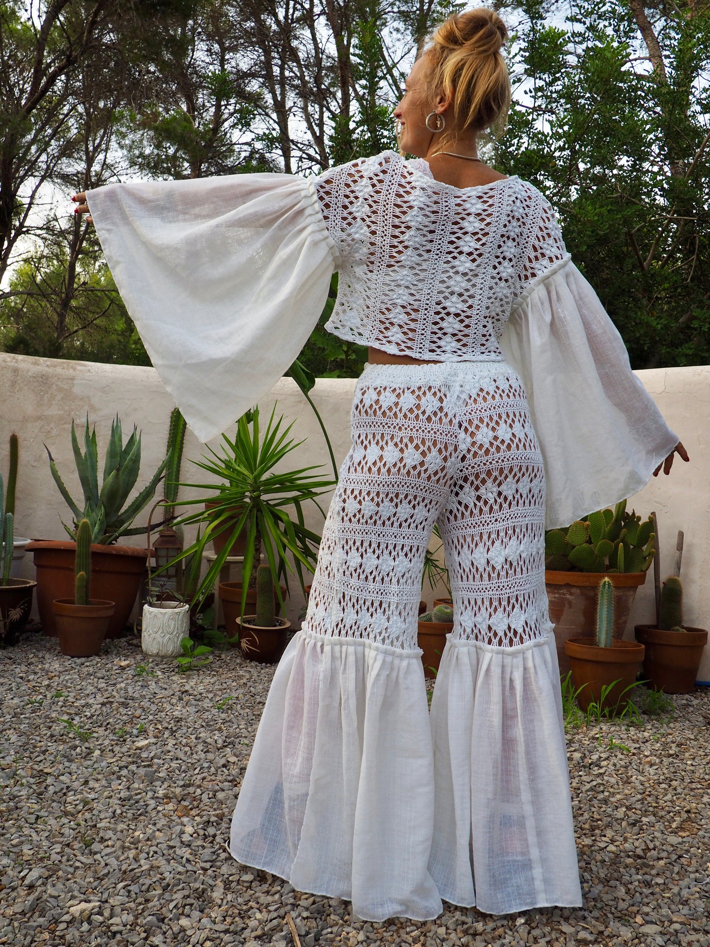 Vintage white handmade crochet wide leg flared bell bottom pants with elastic waist
