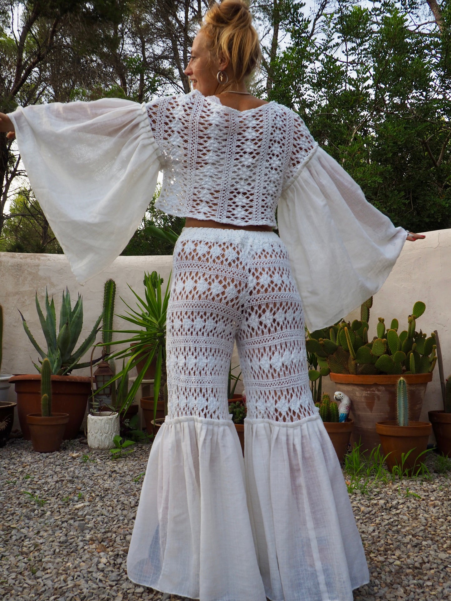 Vintage white handmade crochet wide leg flared bell bottom pants with elastic waist