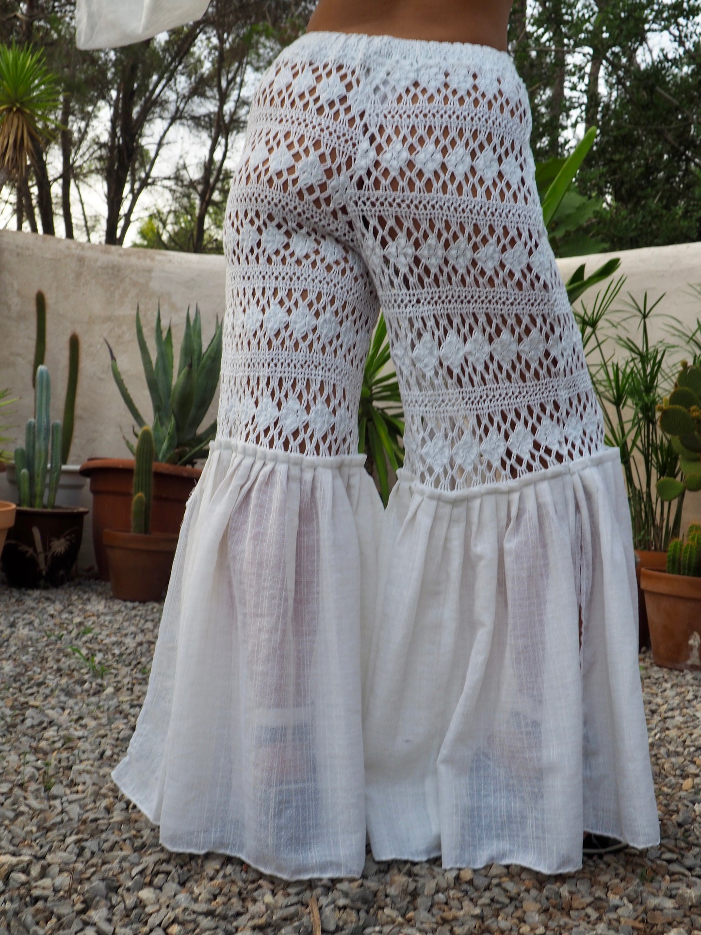 Vintage white handmade crochet wide leg flared bell bottom pants with elastic waist