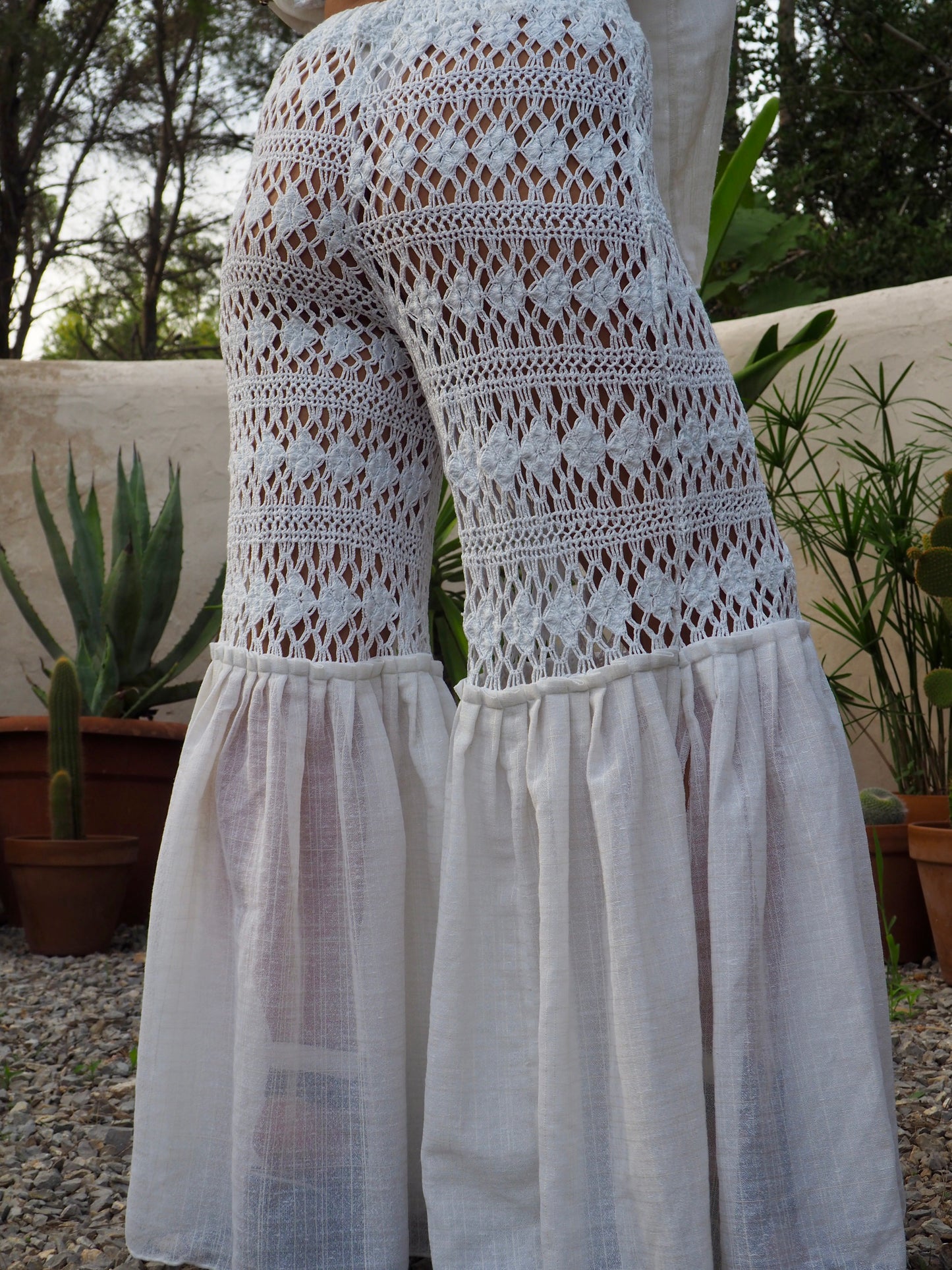 Vintage white handmade crochet wide leg flared bell bottom pants with elastic waist