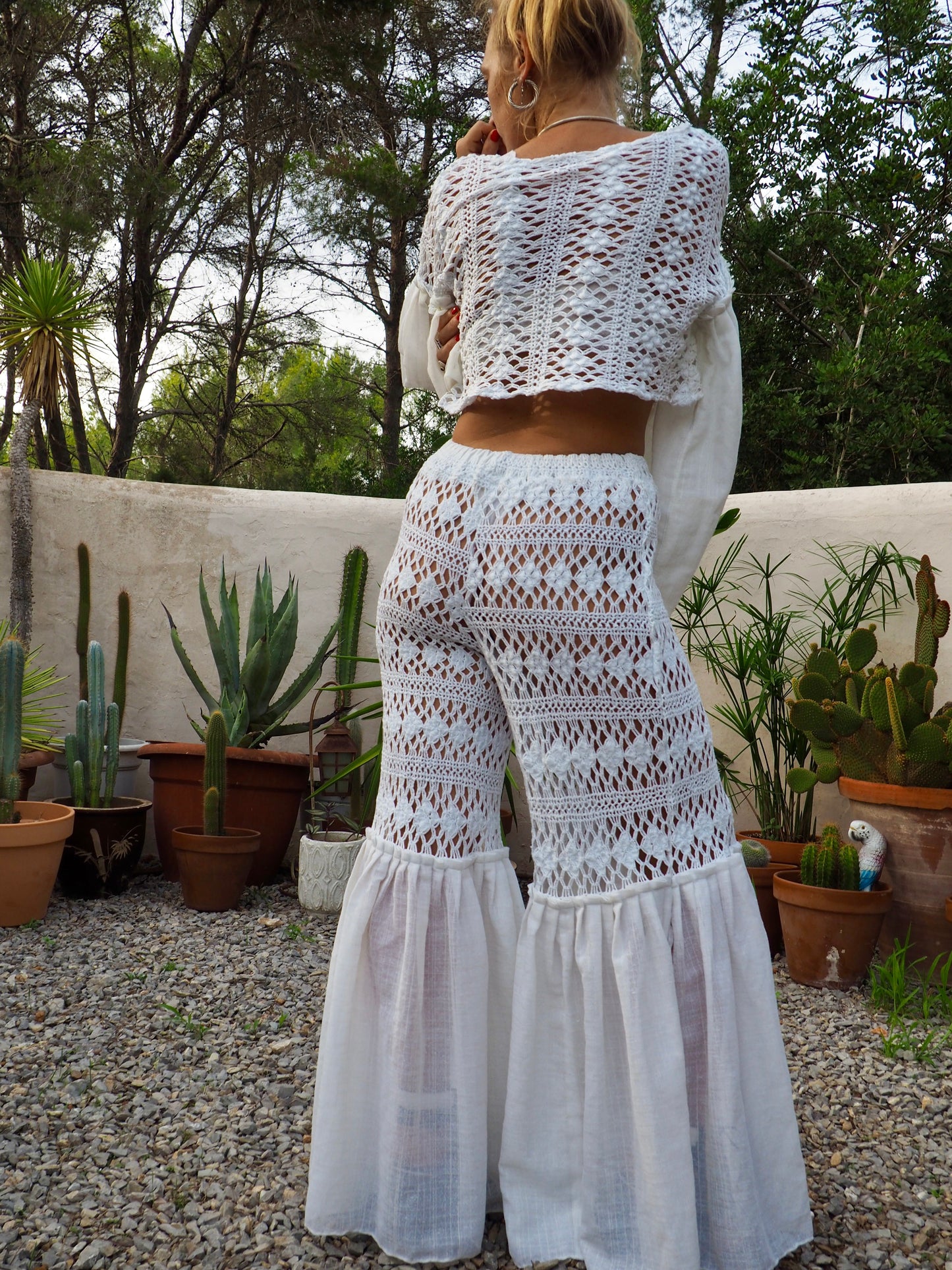 White crochet up-cycled 2 piece set wide leg pants with elastic waist and top up-cycled by Vagabond Ibiza from