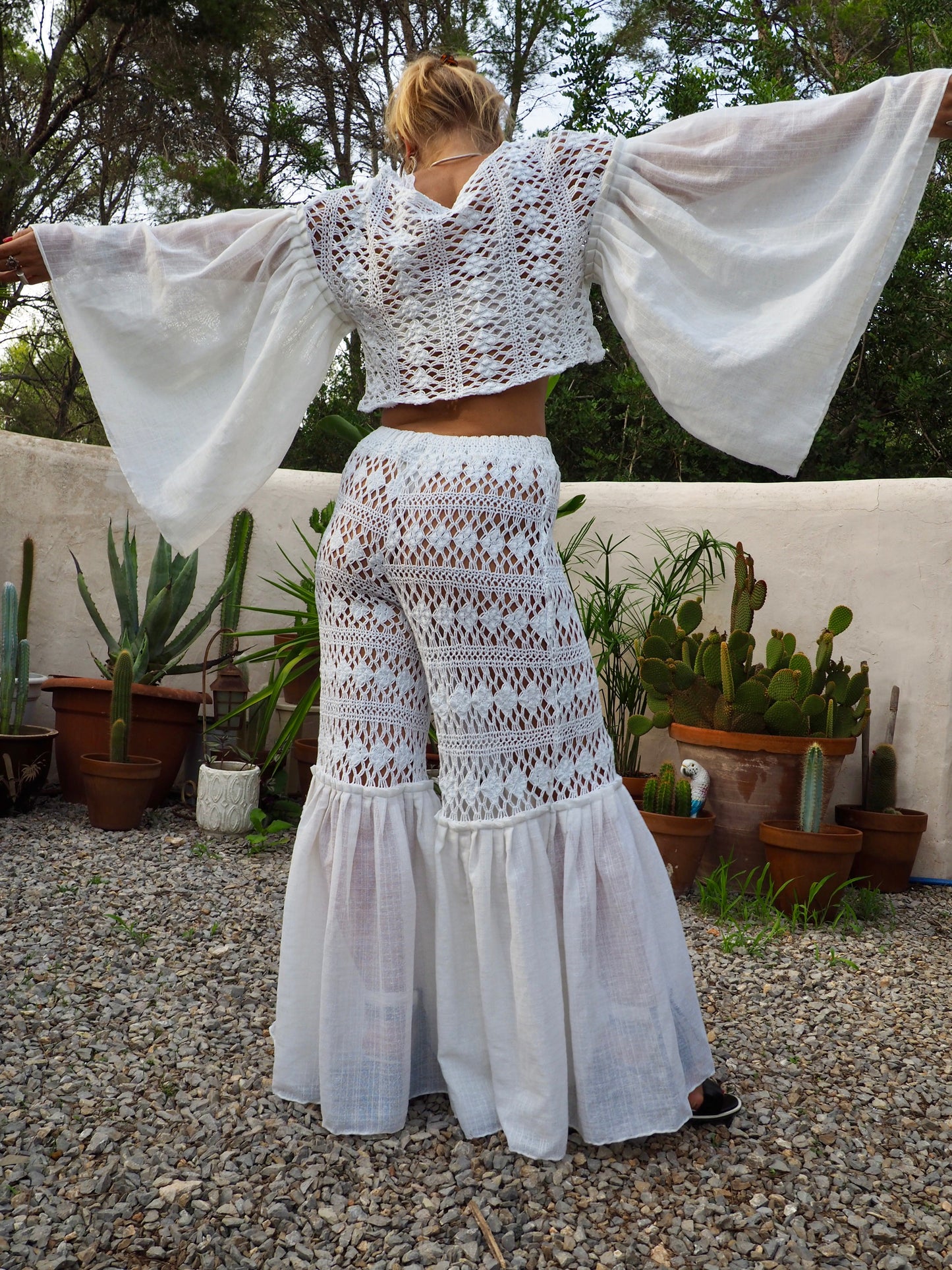Vintage white handmade crochet wide leg flared bell bottom pants with elastic waist