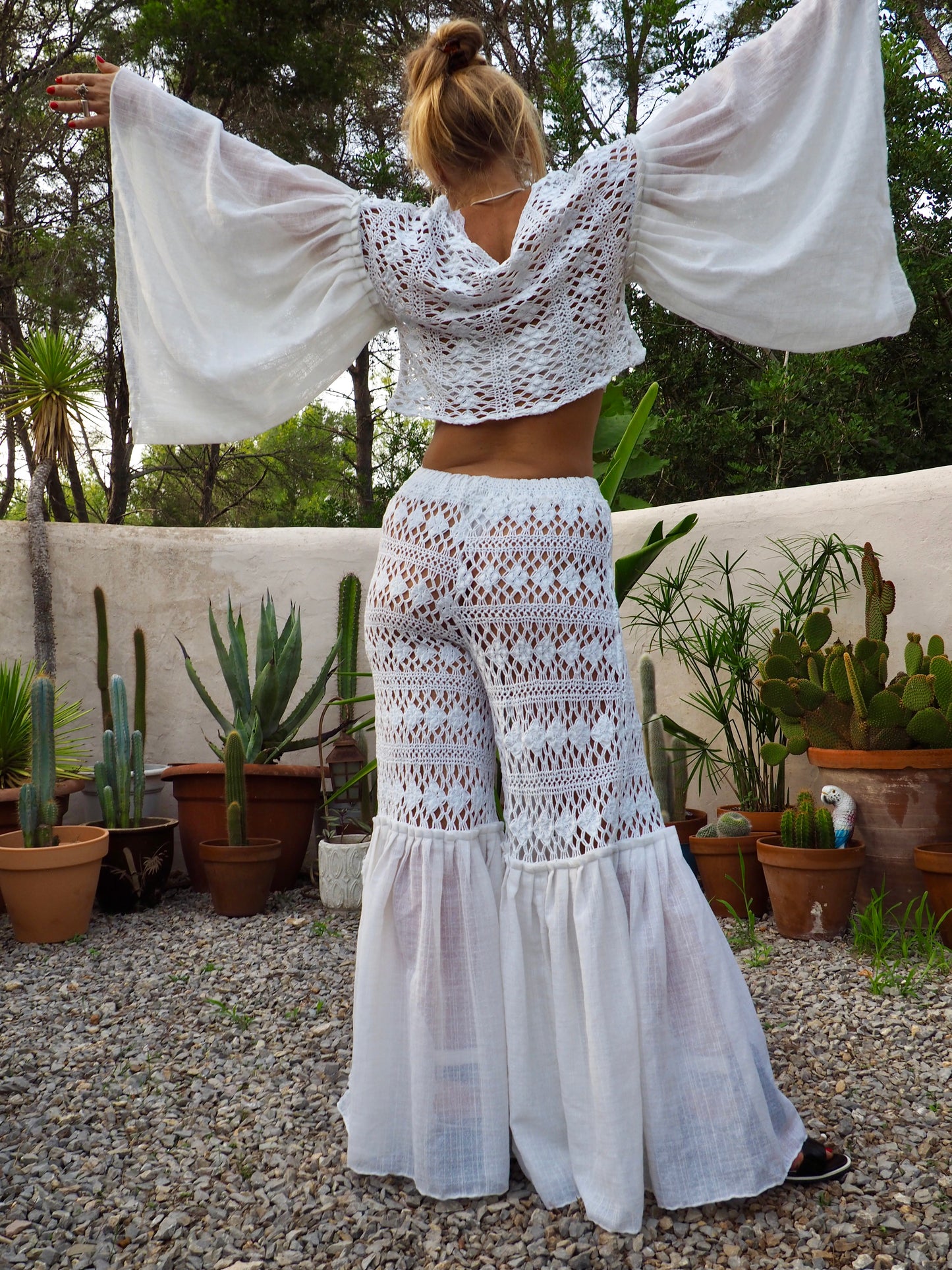 Vintage white handmade crochet wide leg flared bell bottom pants with elastic waist