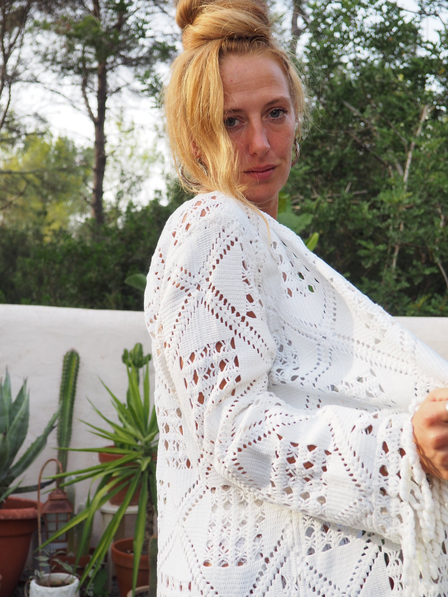 White vintage crochet long jacket up-cycled by Vagabond Ibiza with cute tássel trim.