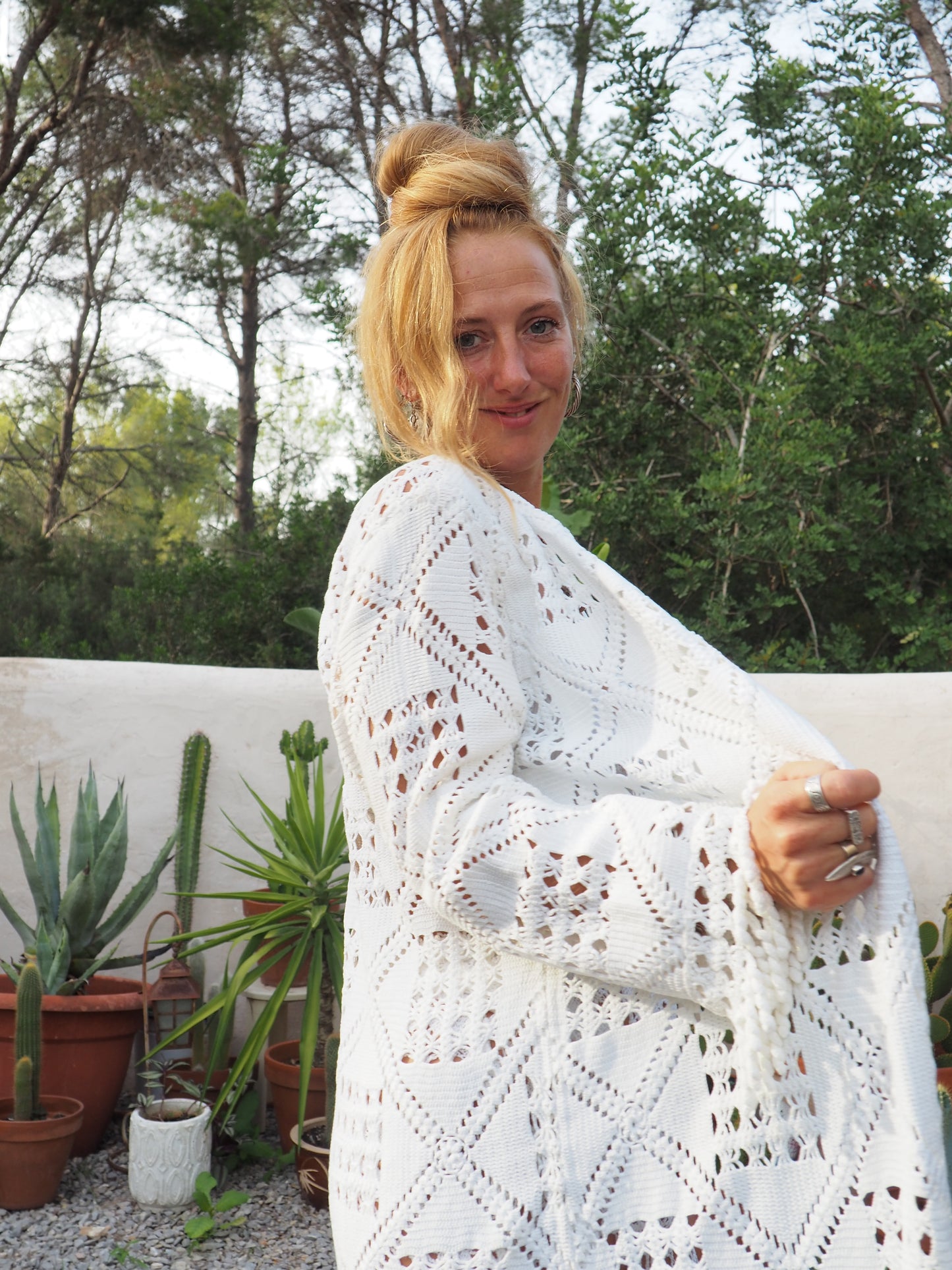White vintage crochet long jacket up-cycled by Vagabond Ibiza with cute tássel trim.