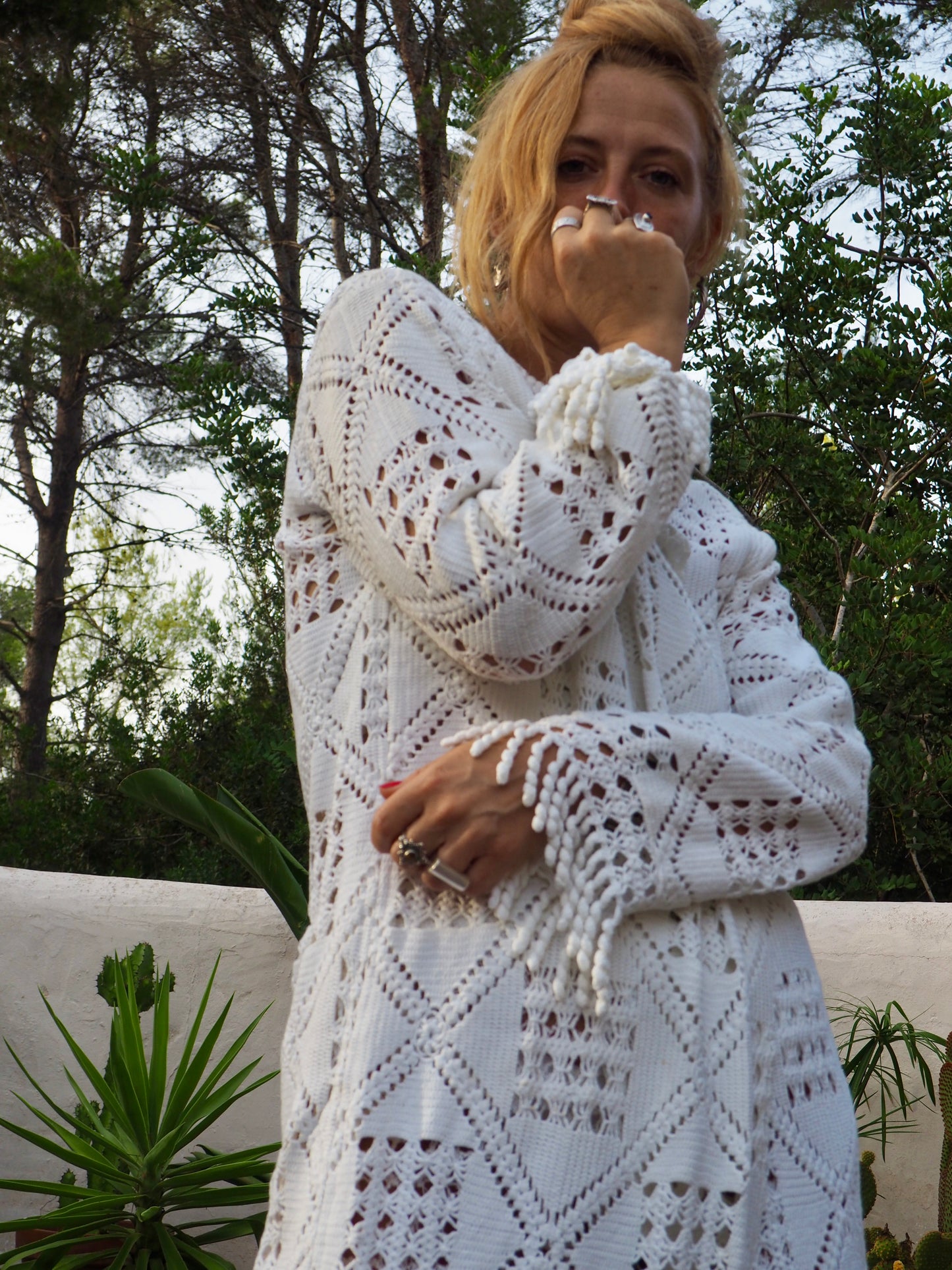 White vintage crochet long jacket up-cycled by Vagabond Ibiza with cute tássel trim.