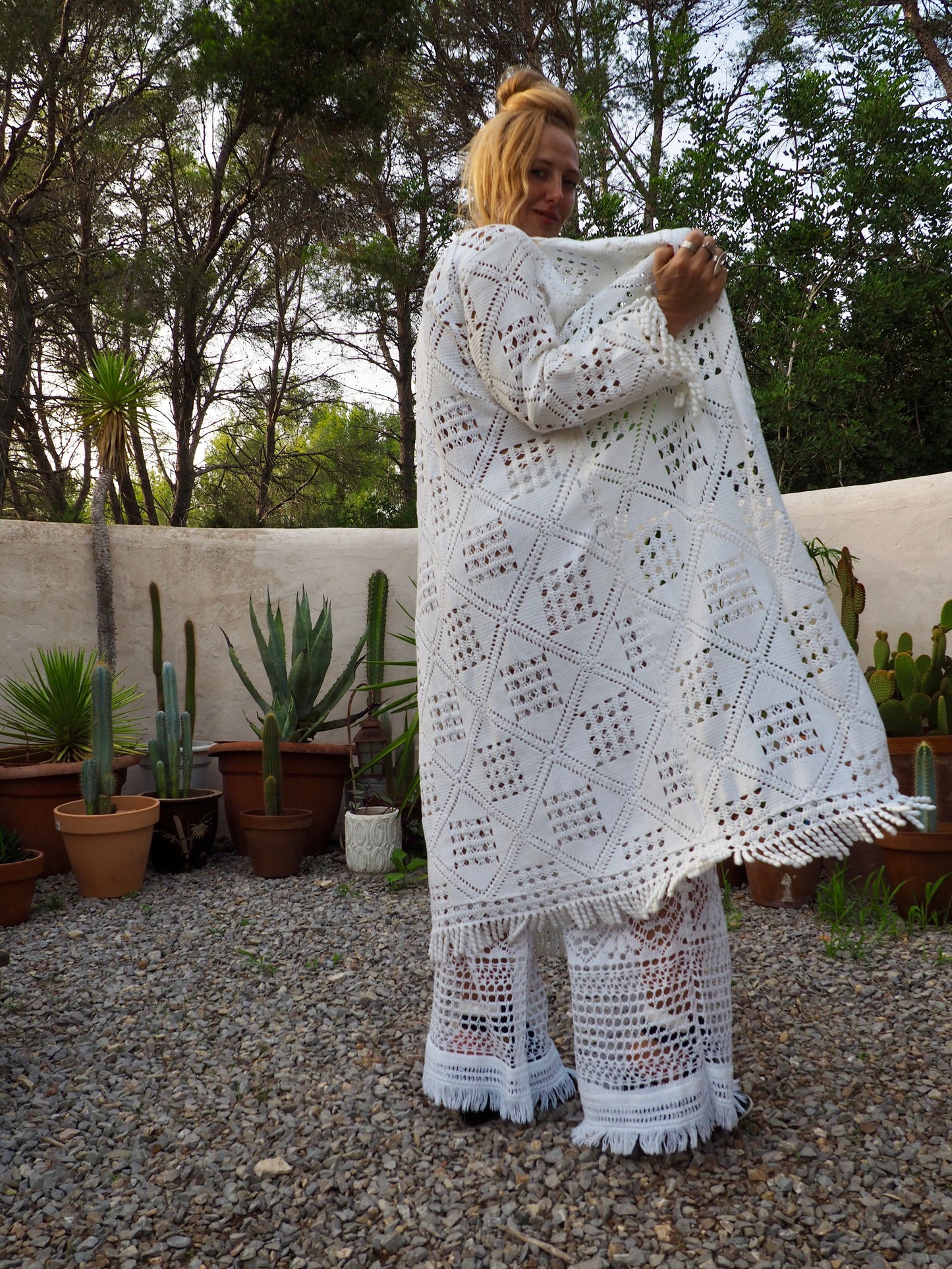 White vintage crochet long jacket up-cycled by Vagabond Ibiza with cute tássel trim.