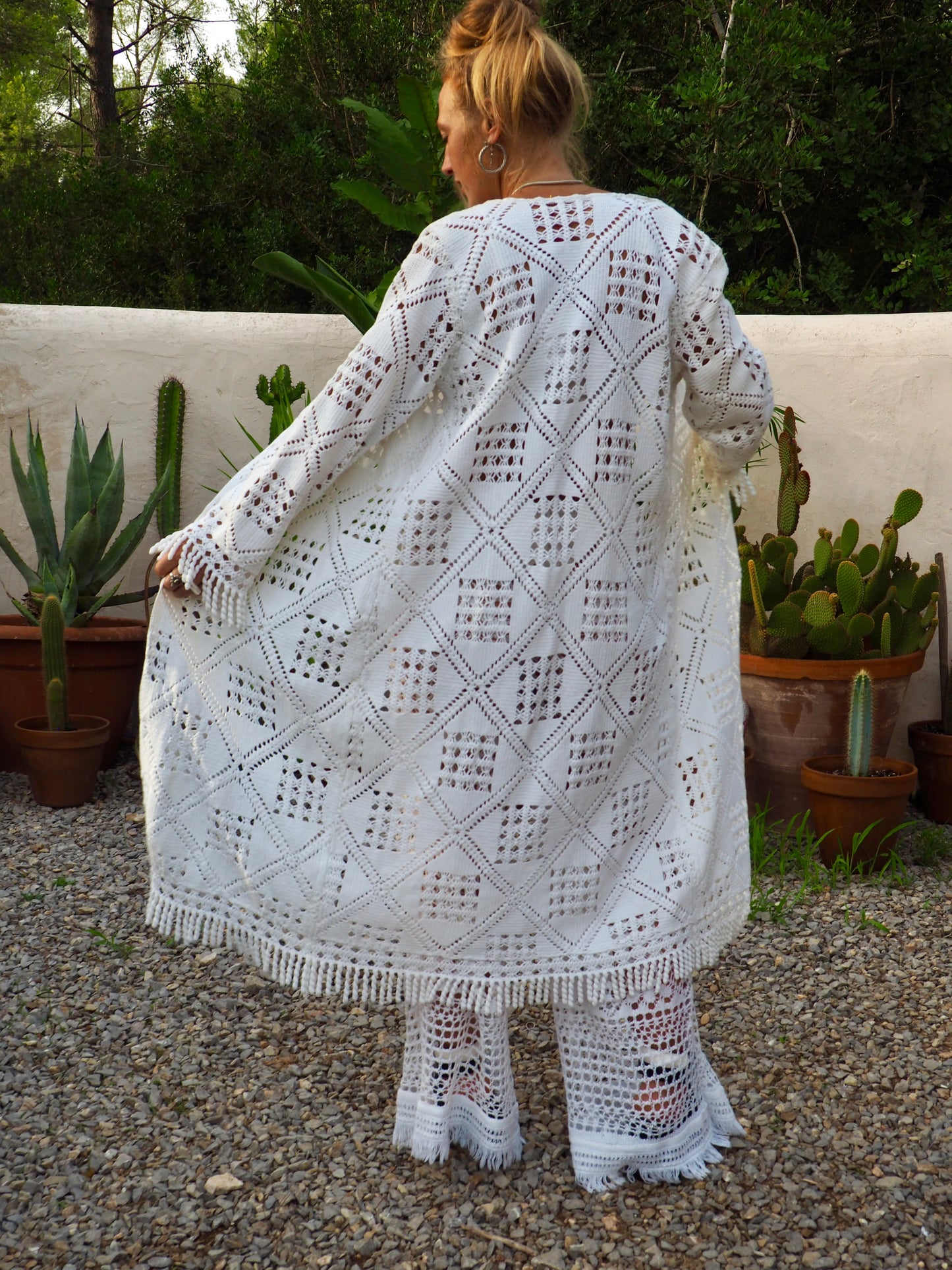 White vintage crochet long jacket up-cycled by Vagabond Ibiza with cute tássel trim.