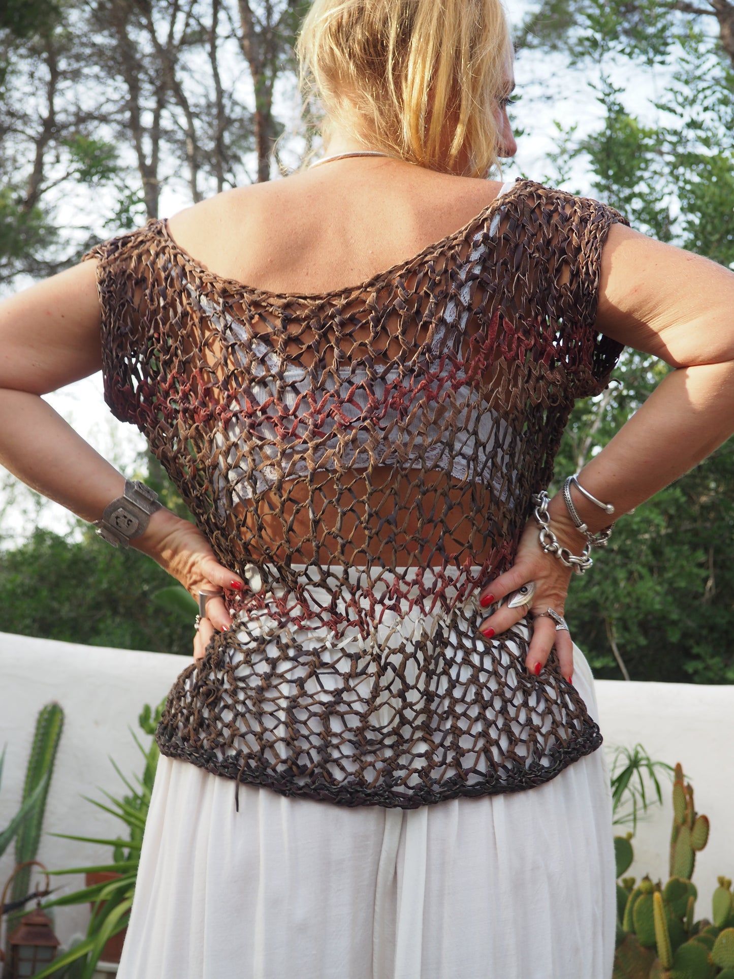 Vintage leather knitted textiles top super interesting use of scrap leather in autumn tones.