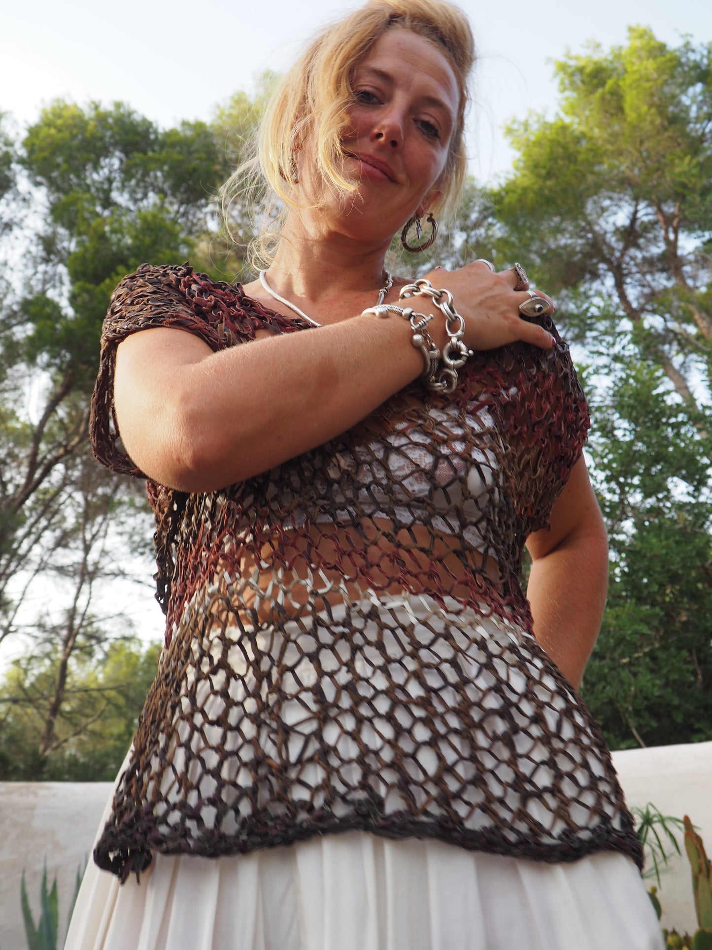 Vintage leather knitted textiles top super interesting use of scrap leather in autumn tones.