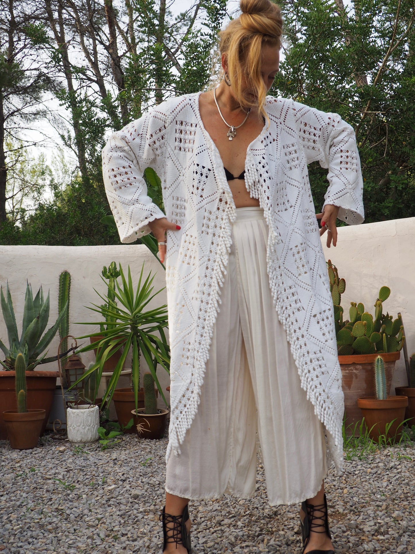 White vintage crochet long jackets up-cycled by Vagabond Ibiza