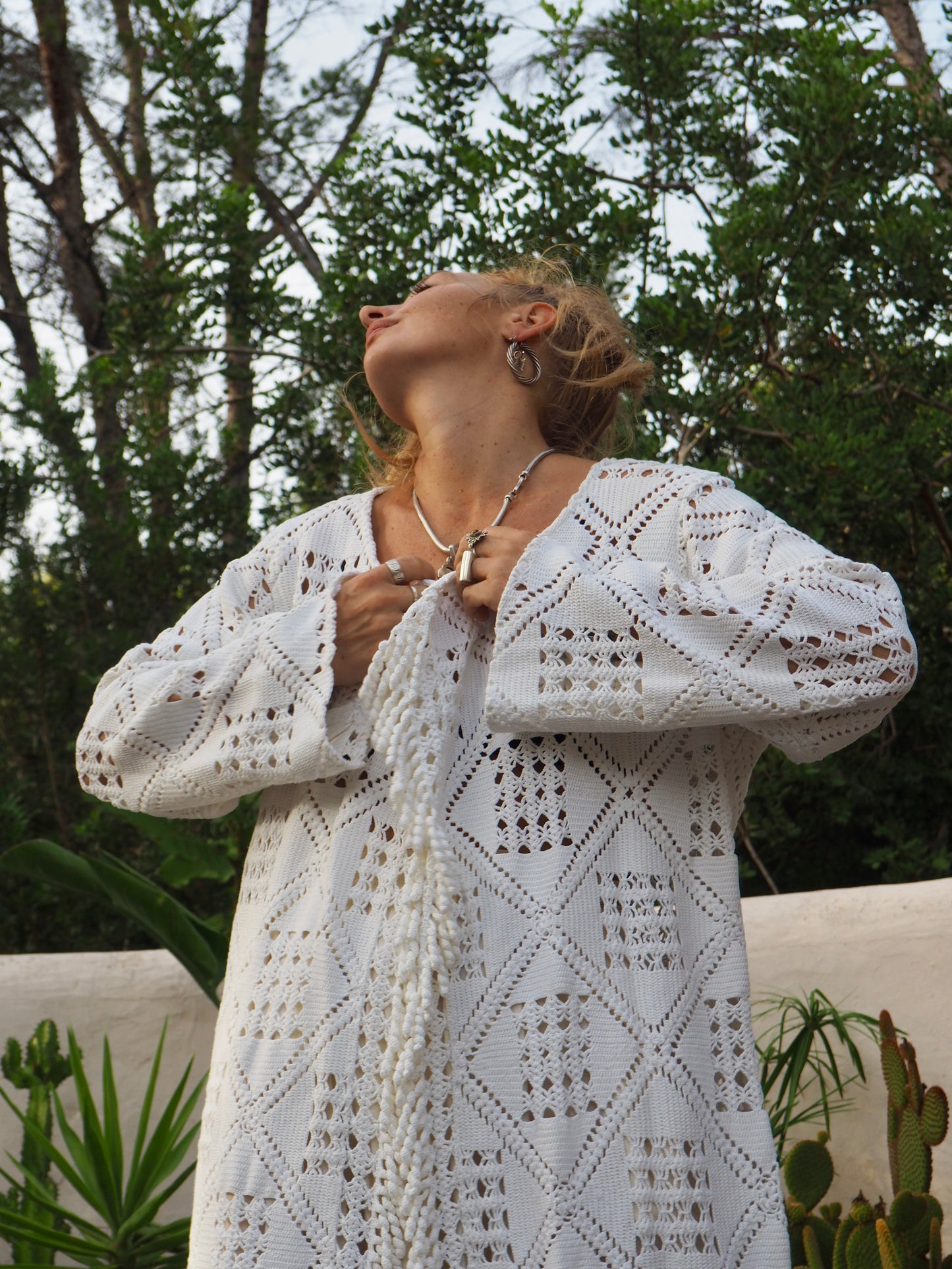 White vintage crochet long jackets up-cycled by Vagabond Ibiza
