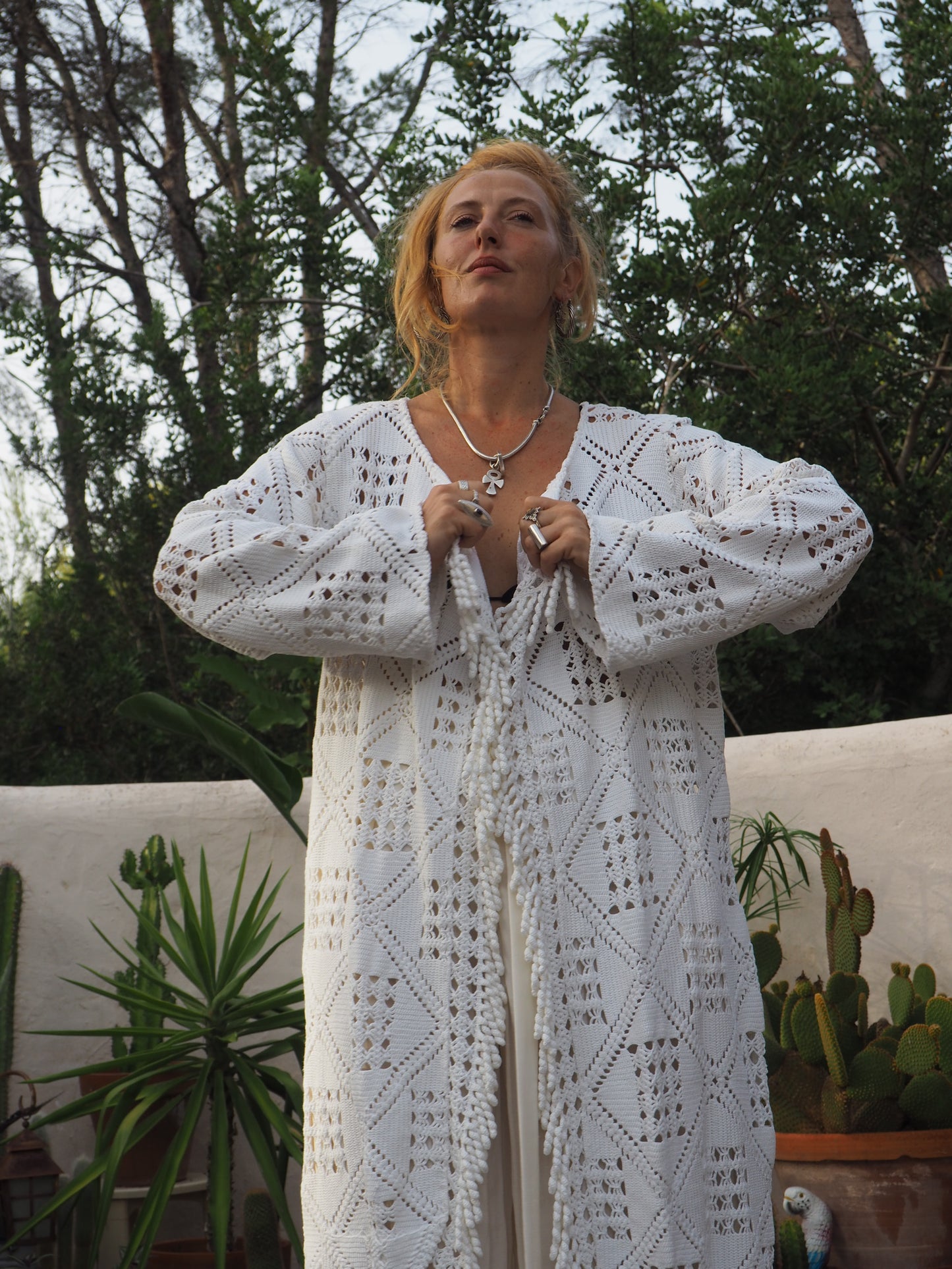White vintage crochet long jackets up-cycled by Vagabond Ibiza