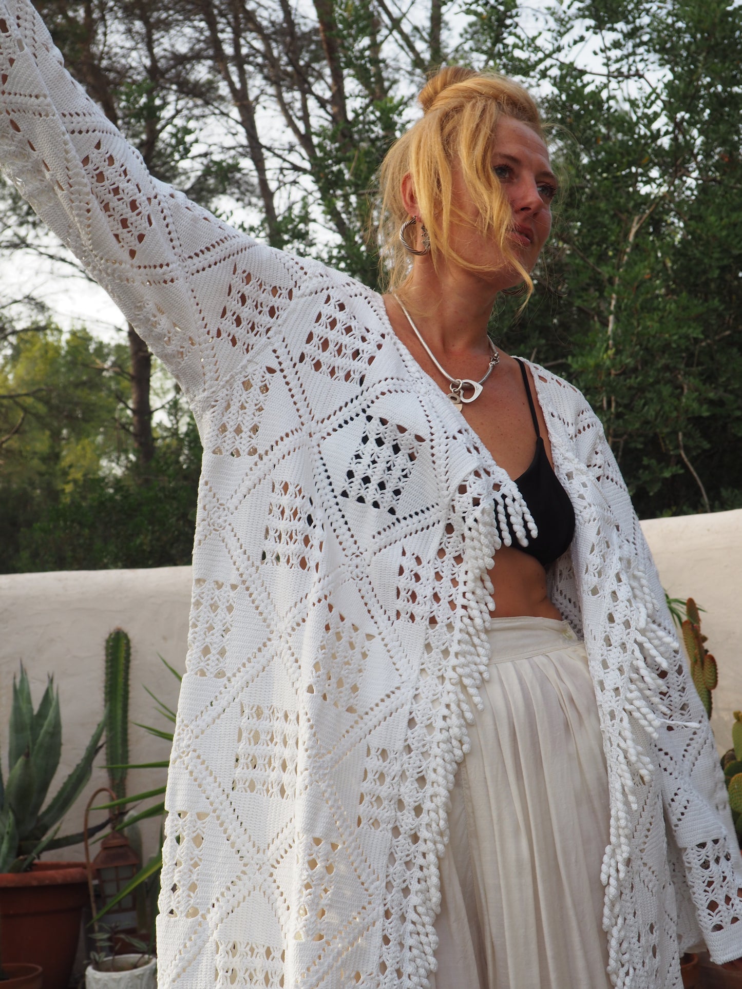 White vintage crochet long jackets up-cycled by Vagabond Ibiza