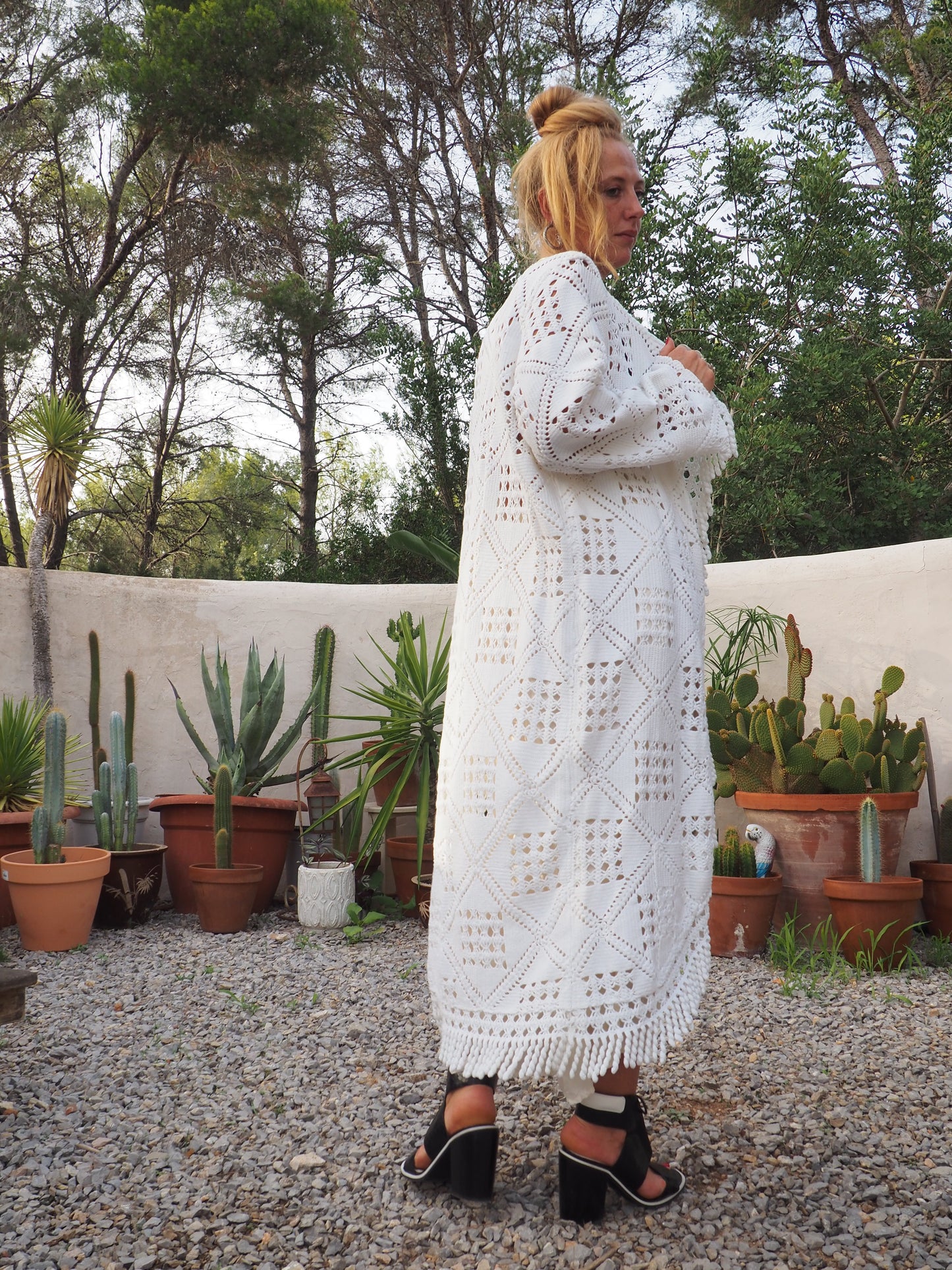 White vintage crochet long jackets up-cycled by Vagabond Ibiza