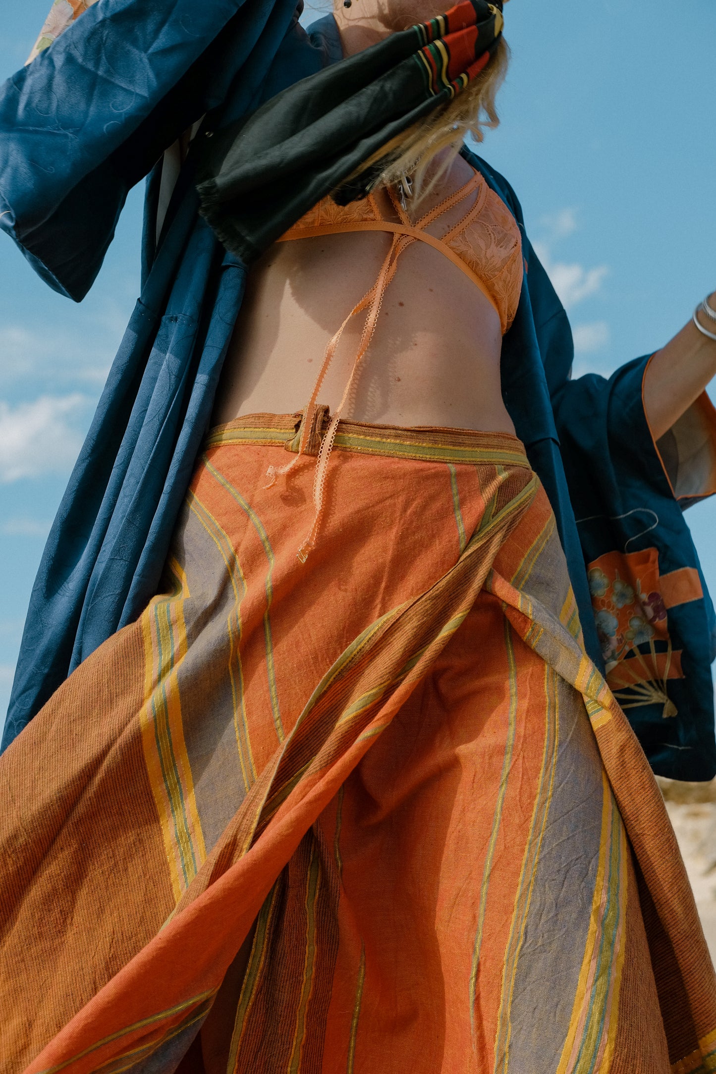 Vintage Indian cotton block printed long length wrap skirt in orange tones