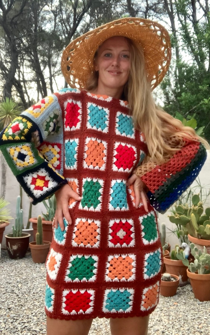 Vintage wool granny squared rainbow long sleeve shirt crochet jumper dress up-cycled by Vagabond Ibiza