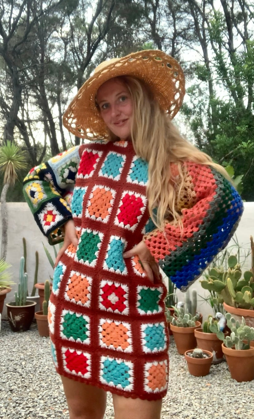 Vintage wool granny squared rainbow long sleeve shirt crochet jumper dress up-cycled by Vagabond Ibiza