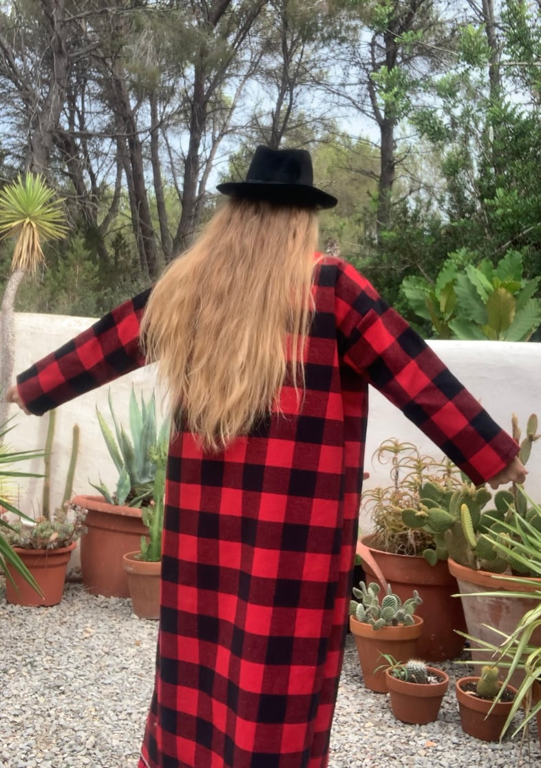 Red and black checked jacket made by Vagabond Ibiza from dead stock vintage textiles