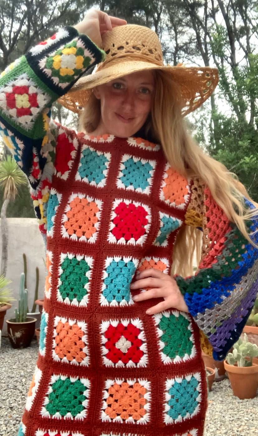 Vintage wool granny squared rainbow long sleeve shirt crochet jumper dress up-cycled by Vagabond Ibiza