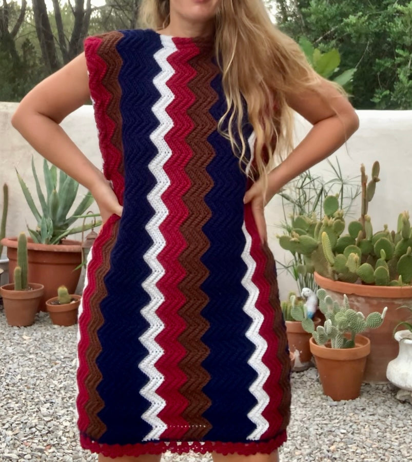 vintage wool and cotton hand made crochet jumper dress with short sleeves and zig zag design