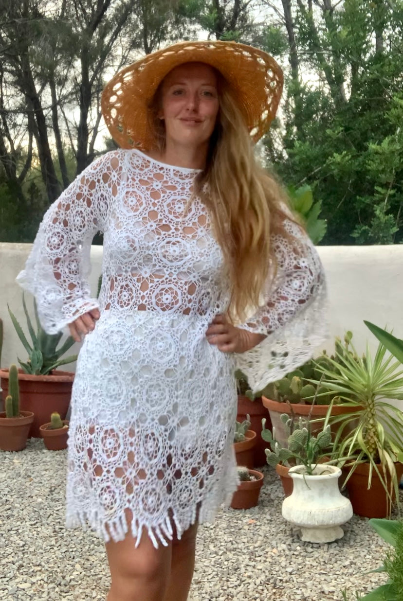 Very cool vintage white crochet oversized bell sleeve dress up-cycled by Vagabond Ibiza