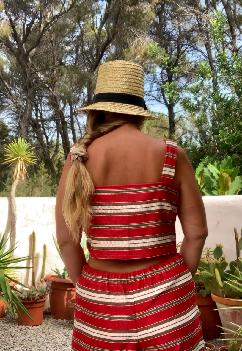 Vintage 1970’s curtain fabric with red and white striped design up-cycled 2 piece set crop top and wide leg trousers