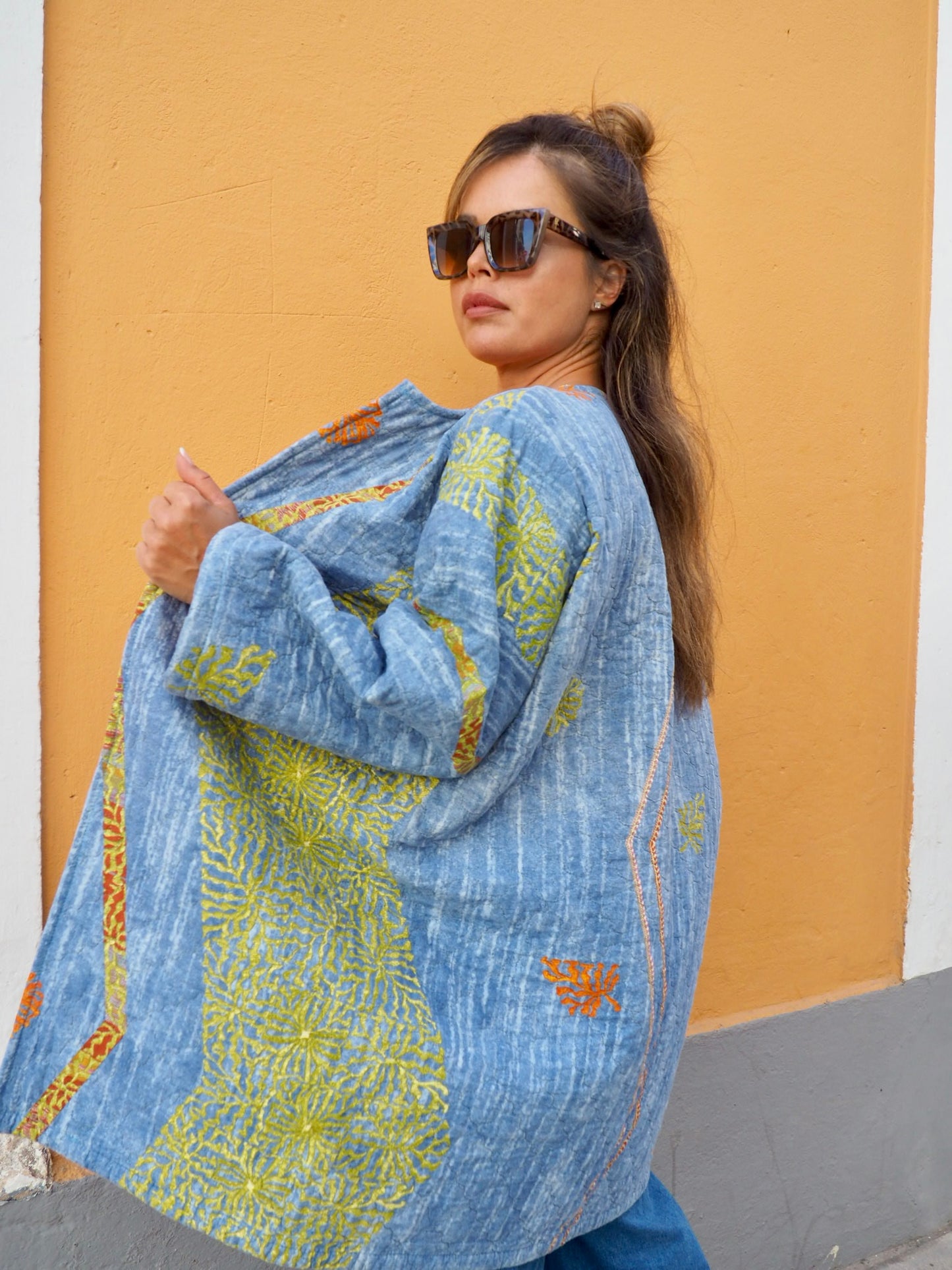 Vintage quilted blue patterned blanket jacket up-cycled by Vagabond Ibiza