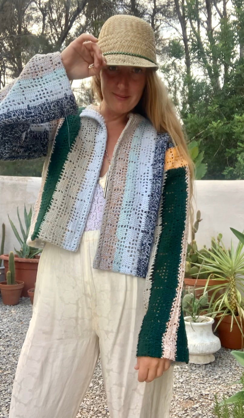Up-cycled vintage crochet cropped jacket made by Vagabond Ibiza with pastel tones.