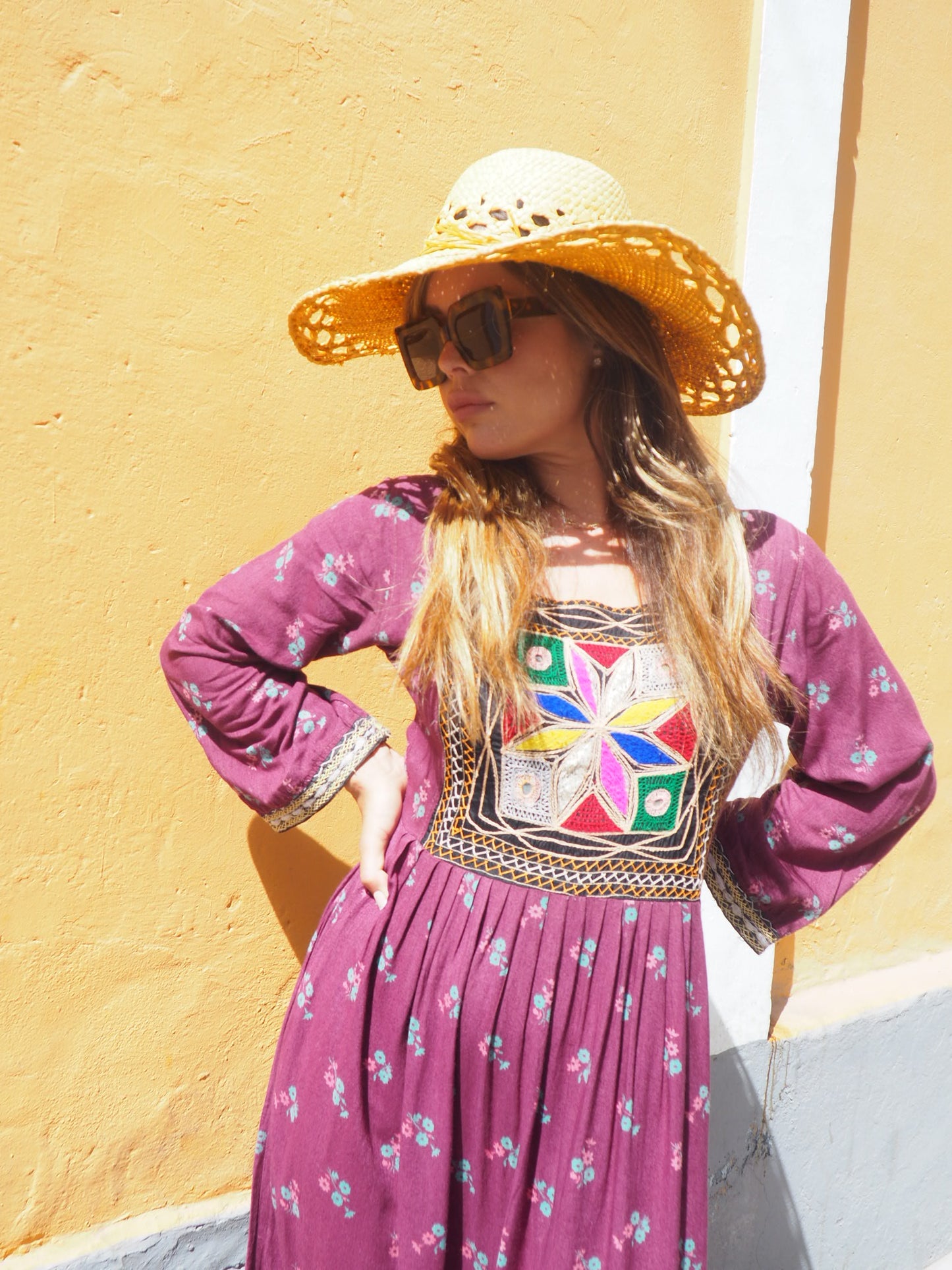 Vintage 1970’s hand embroidered Afghan dress in deep purple with floral print cotton with zip in side sun damage to shoulder