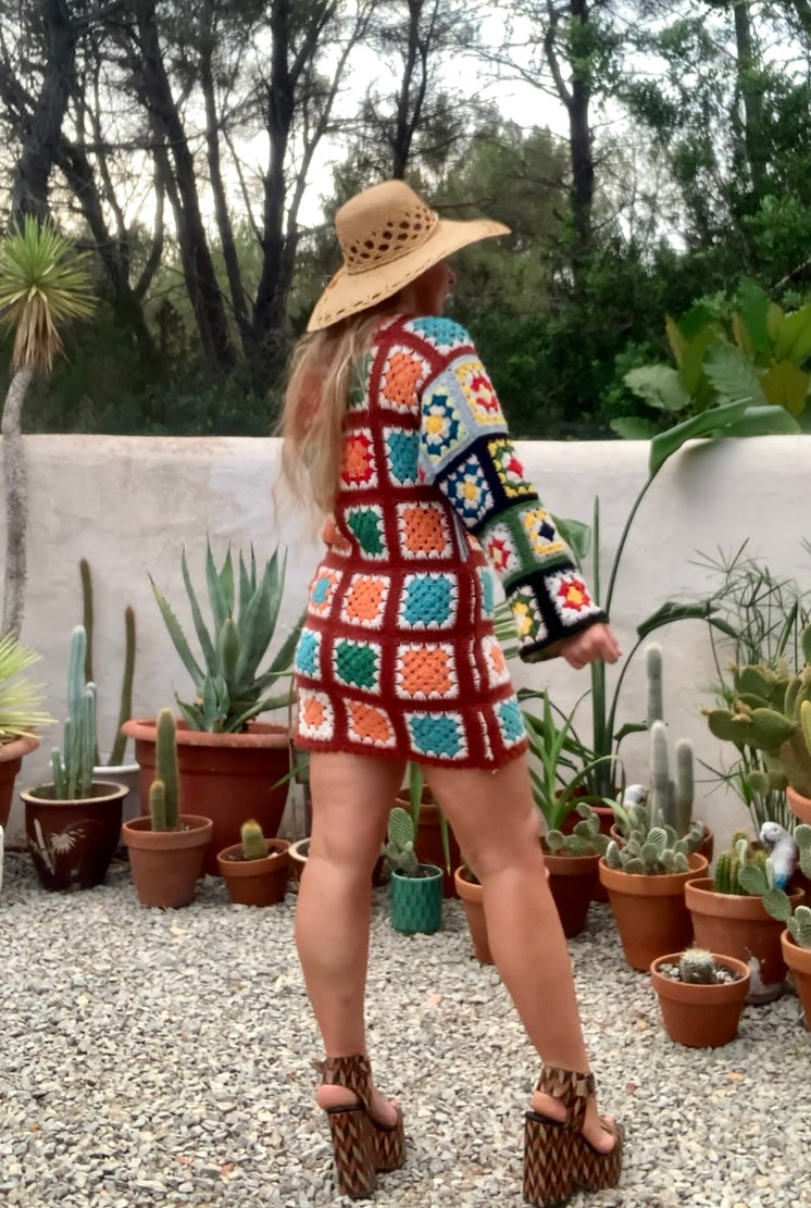 Vintage wool granny squared rainbow long sleeve shirt crochet jumper dress up-cycled by Vagabond Ibiza