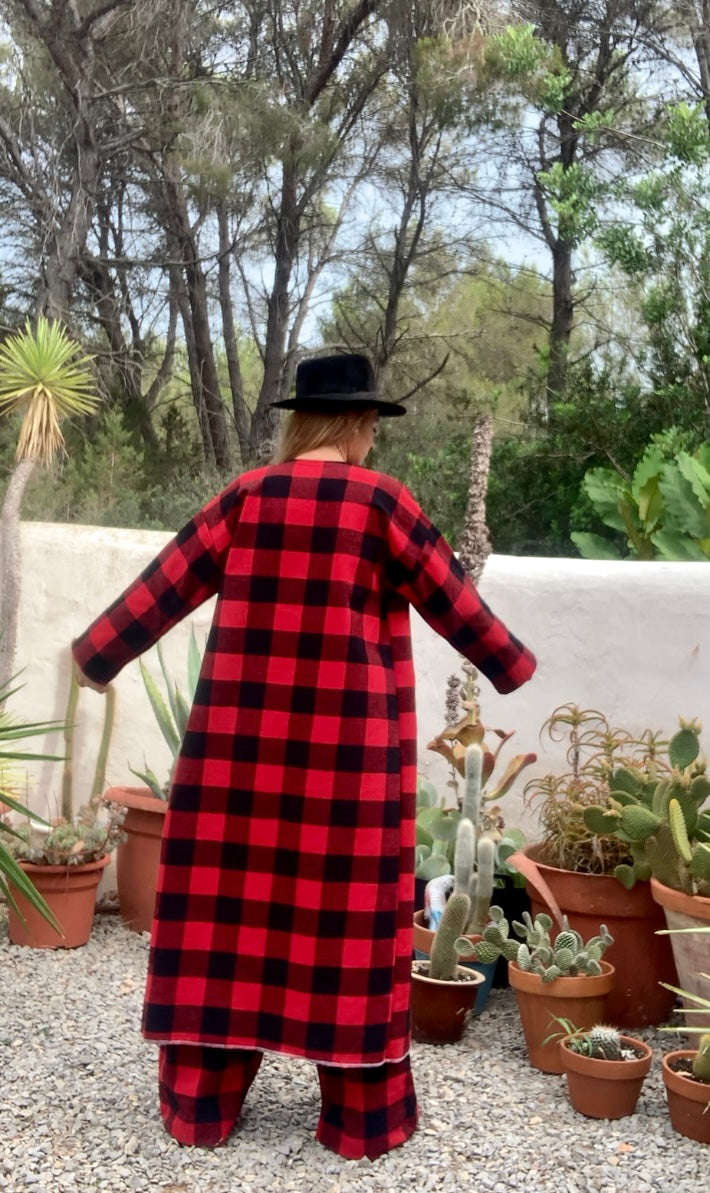 Red and black checked jacket made by Vagabond Ibiza from dead stock vintage textiles