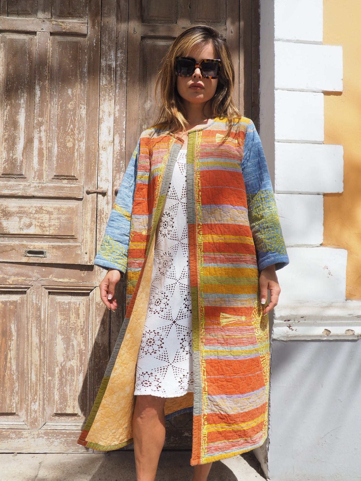 Vintage quilted blue and orange patterned long blanket jacket up-cycled by Vagabond Ibiza made in Ibiza one off a kind