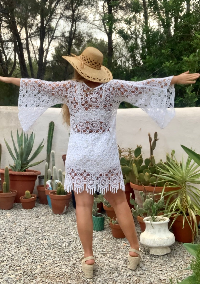 Very cool vintage white crochet oversized bell sleeve dress up-cycled by Vagabond Ibiza