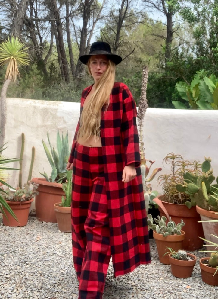 Red and black checked jacket made by Vagabond Ibiza from dead stock vintage textiles
